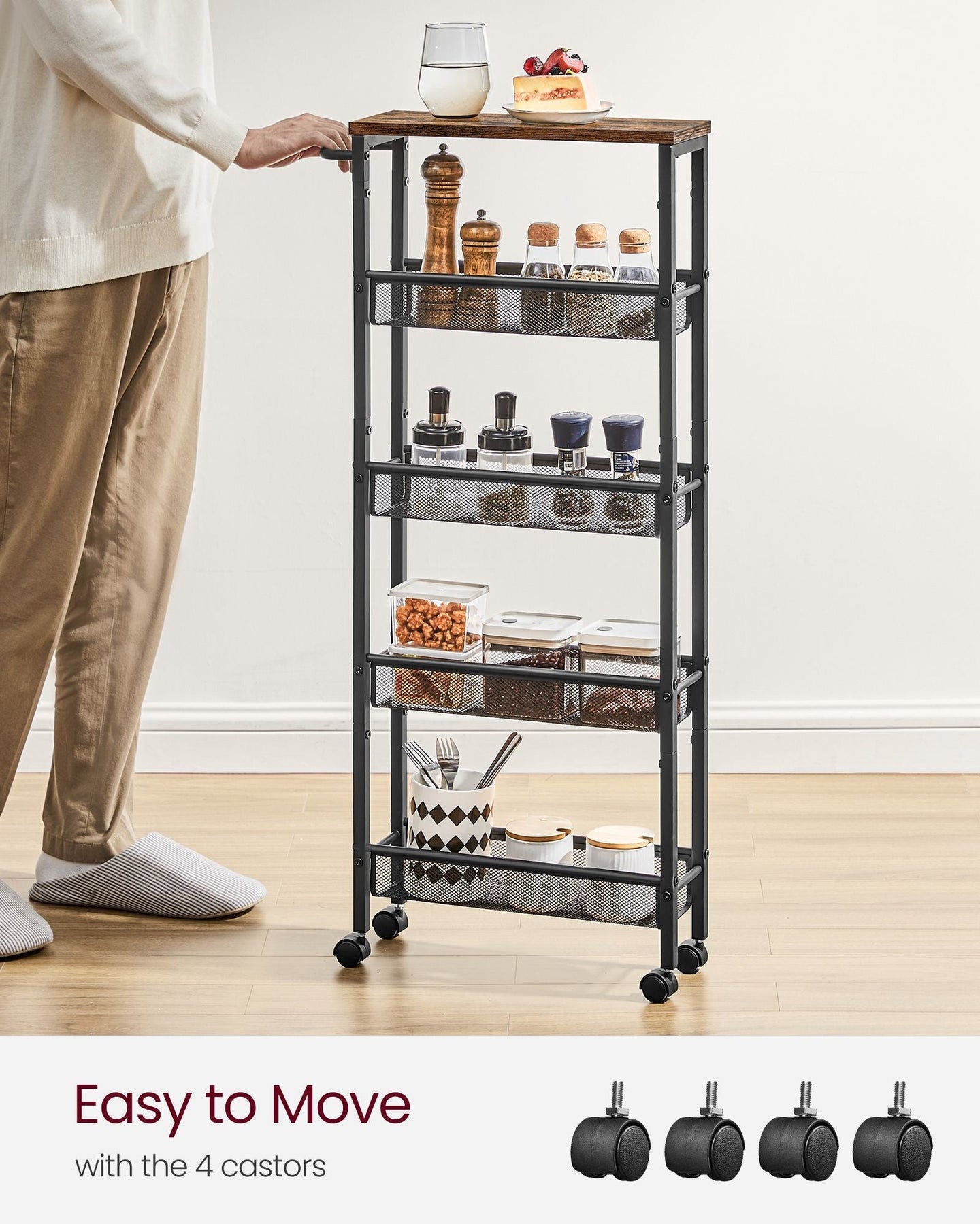 5-Shelf Trolley - Steel - Rustic Brown and Black - Space-Saving with Castors