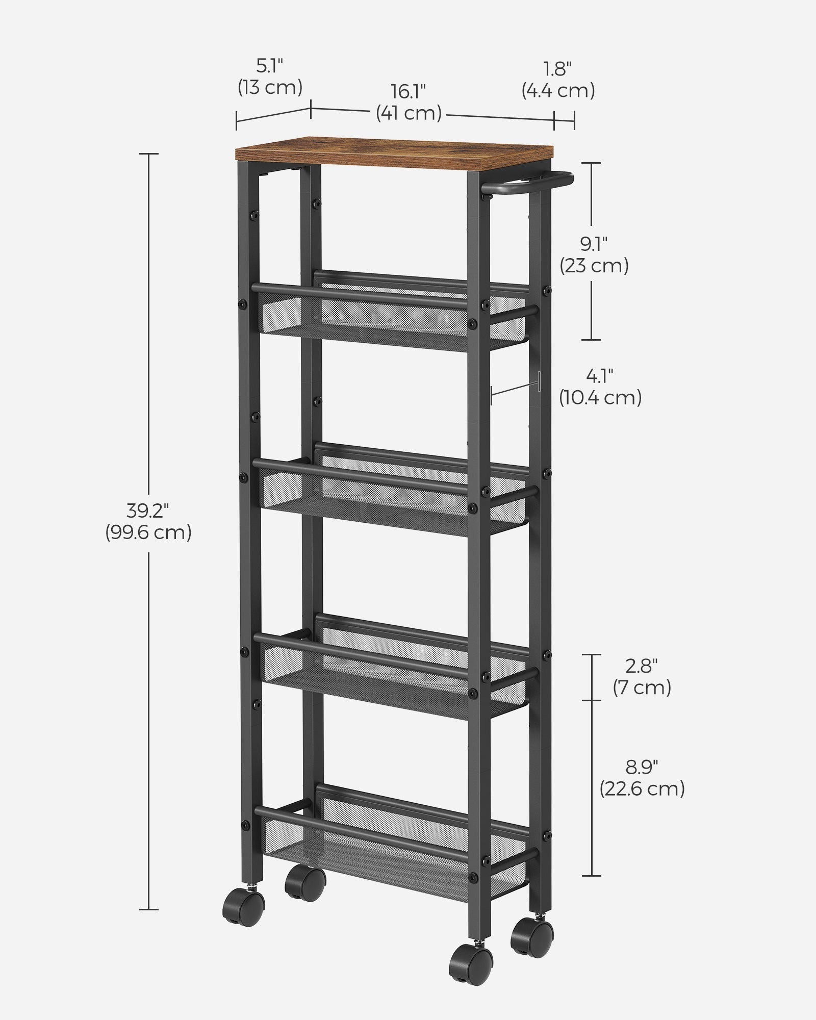 5-Shelf Trolley - Steel - Rustic Brown and Black - Space-Saving with Castors