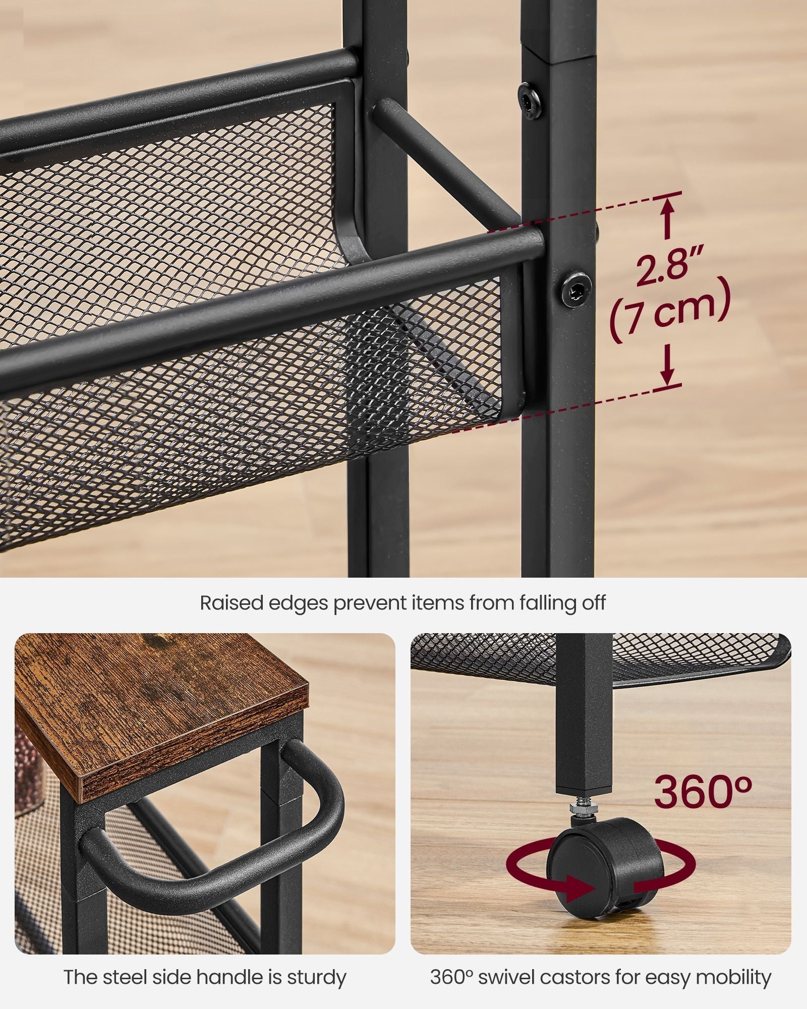 5-Shelf Trolley - Steel - Rustic Brown and Black - Space-Saving with Castors