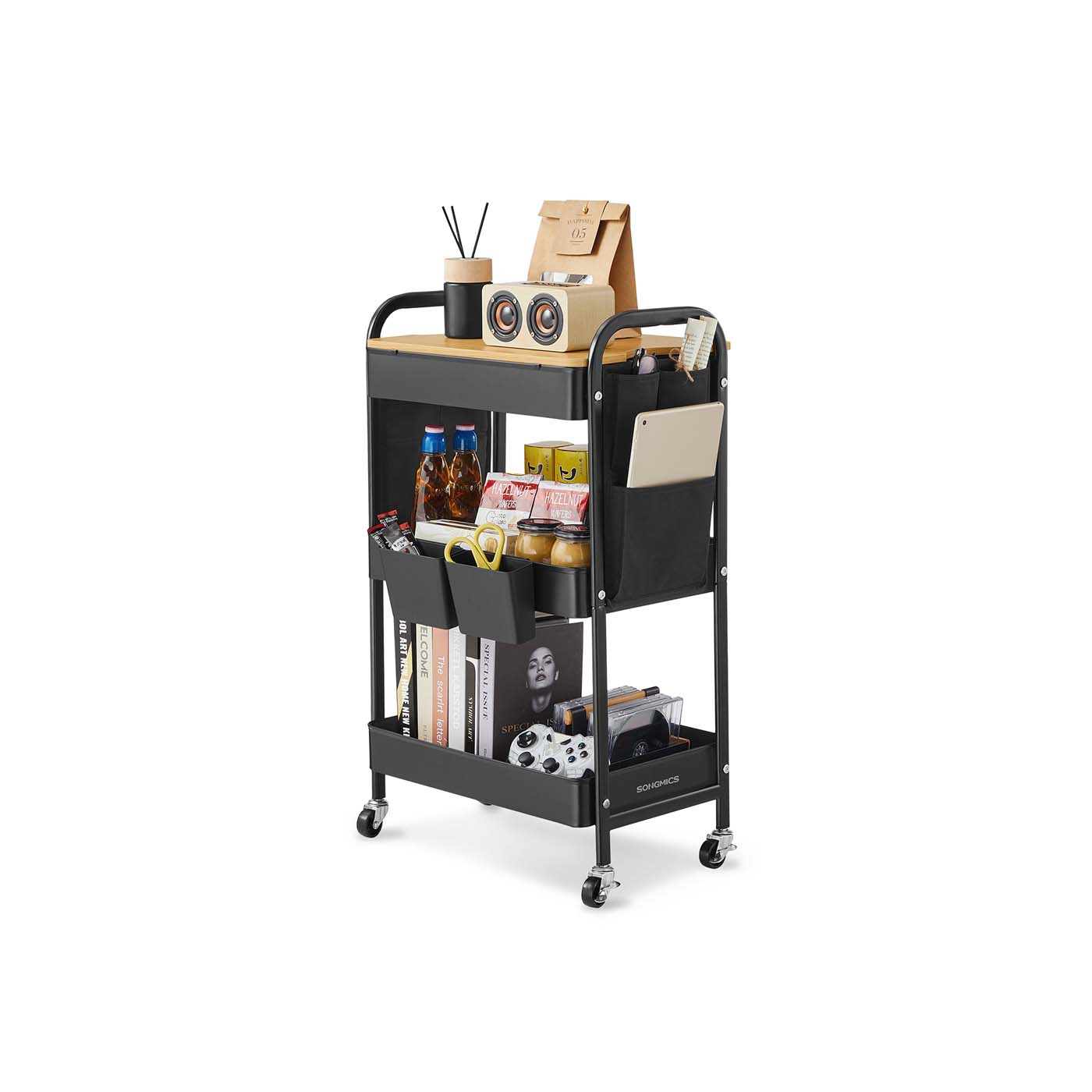 3-Tier Storage Trolley - Metal - Ink Black - Rolling Cart with Table Top and Removable Hanging Cups