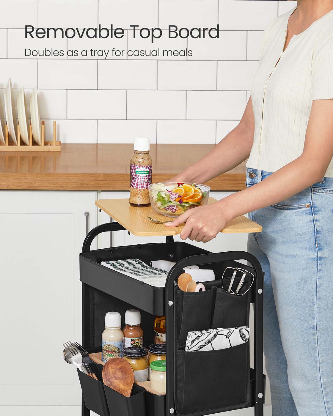 3-Tier Storage Trolley - Metal - Ink Black - Rolling Cart with Table Top and Removable Hanging Cups