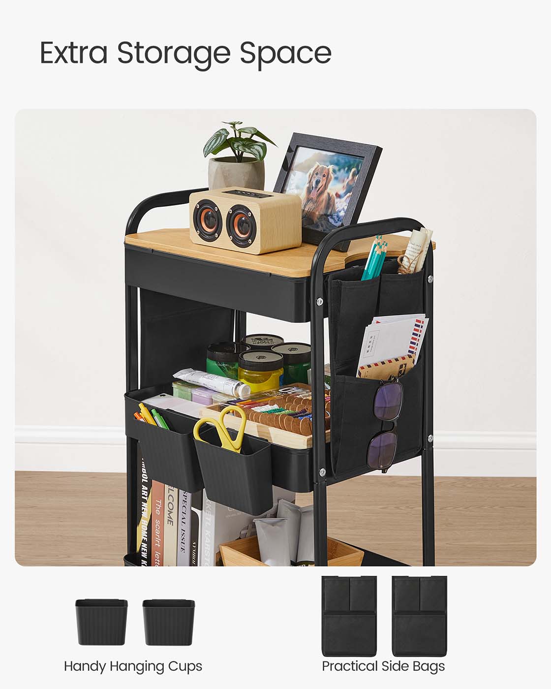 3-Tier Storage Trolley - Metal - Ink Black - Rolling Cart with Table Top and Removable Hanging Cups