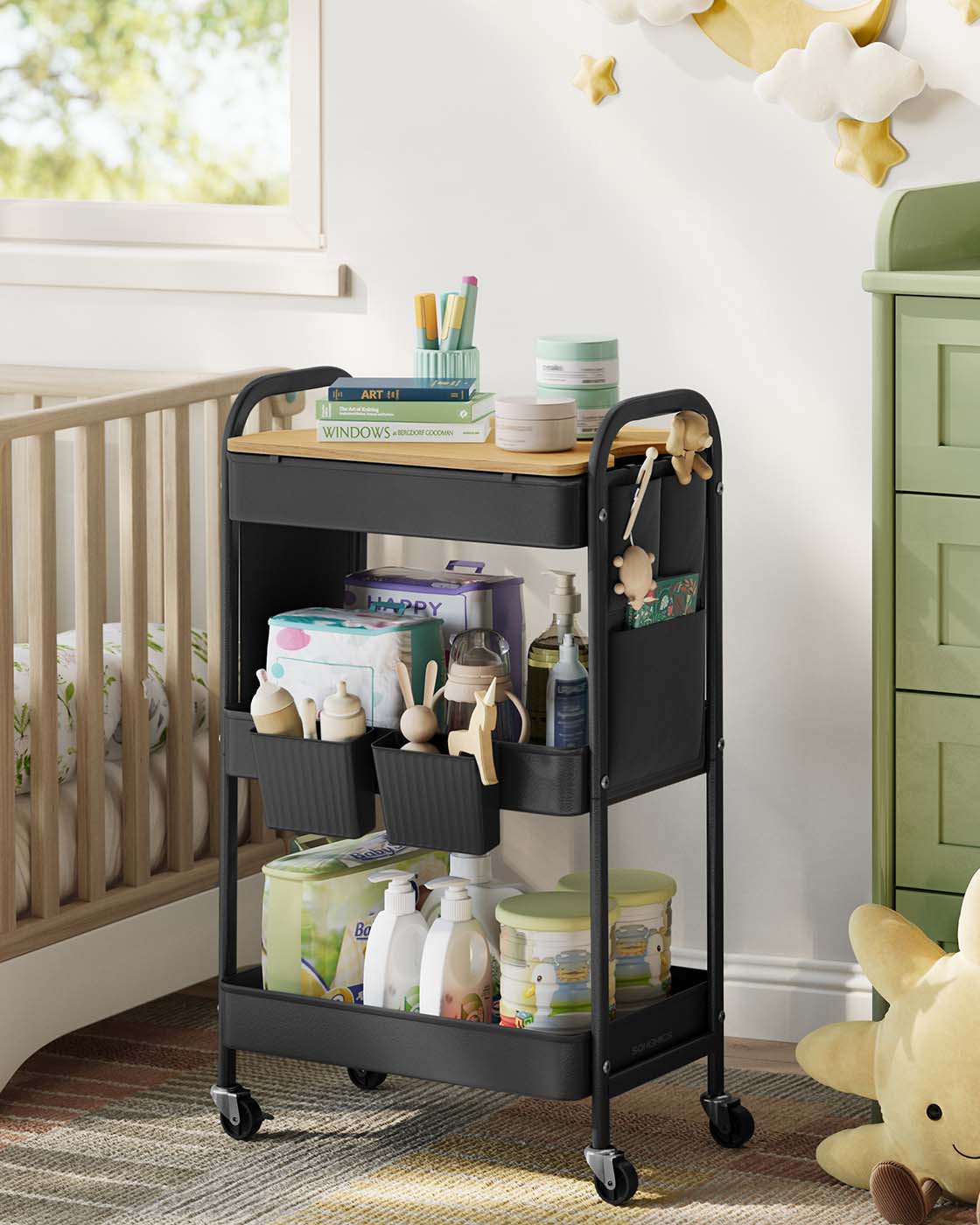 3-Tier Storage Trolley - Metal - Ink Black - Rolling Cart with Table Top and Removable Hanging Cups