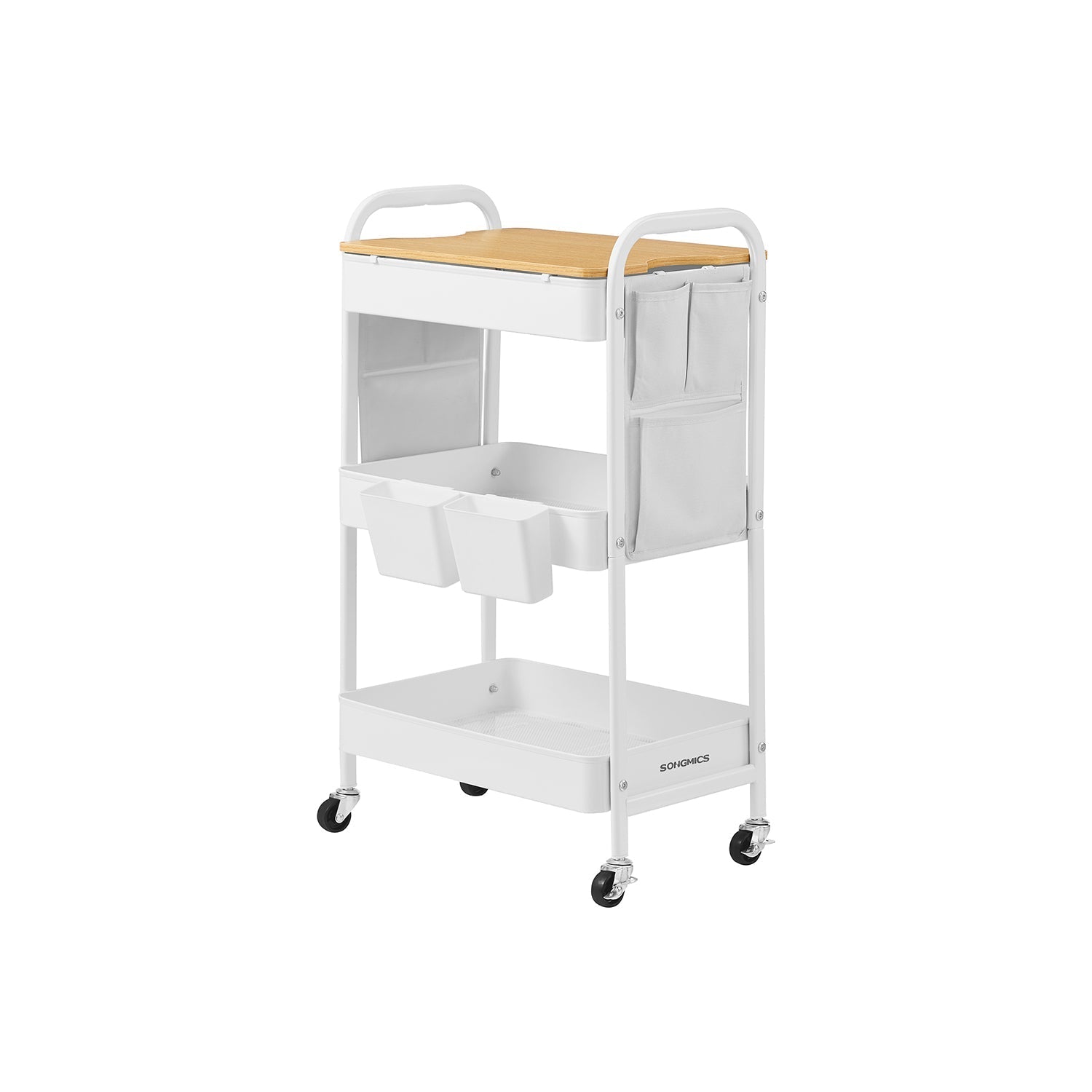 3-Tier Storage Trolley - Wood - Cloud White - Rolling Utility Cart with Table Top and Removable Hanging Cups