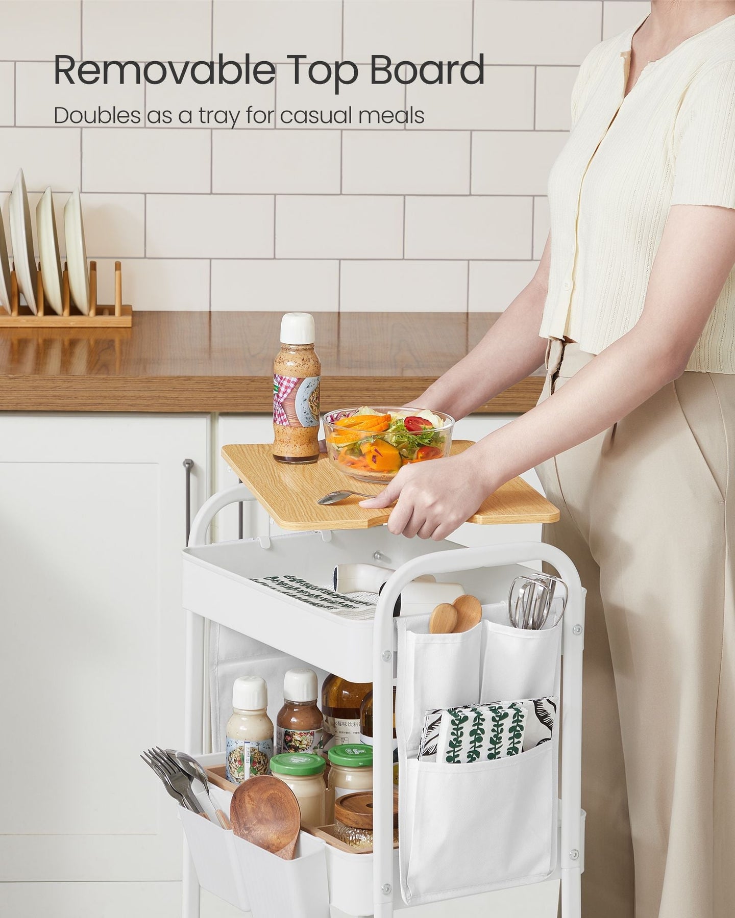 3-Tier Storage Trolley - Wood - Cloud White - Rolling Utility Cart with Table Top and Removable Hanging Cups
