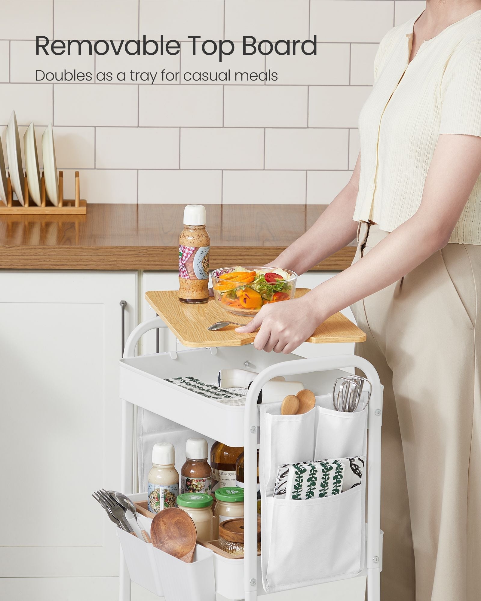 3-Tier Storage Trolley - Wood - Cloud White - Rolling Utility Cart with Table Top and Removable Hanging Cups