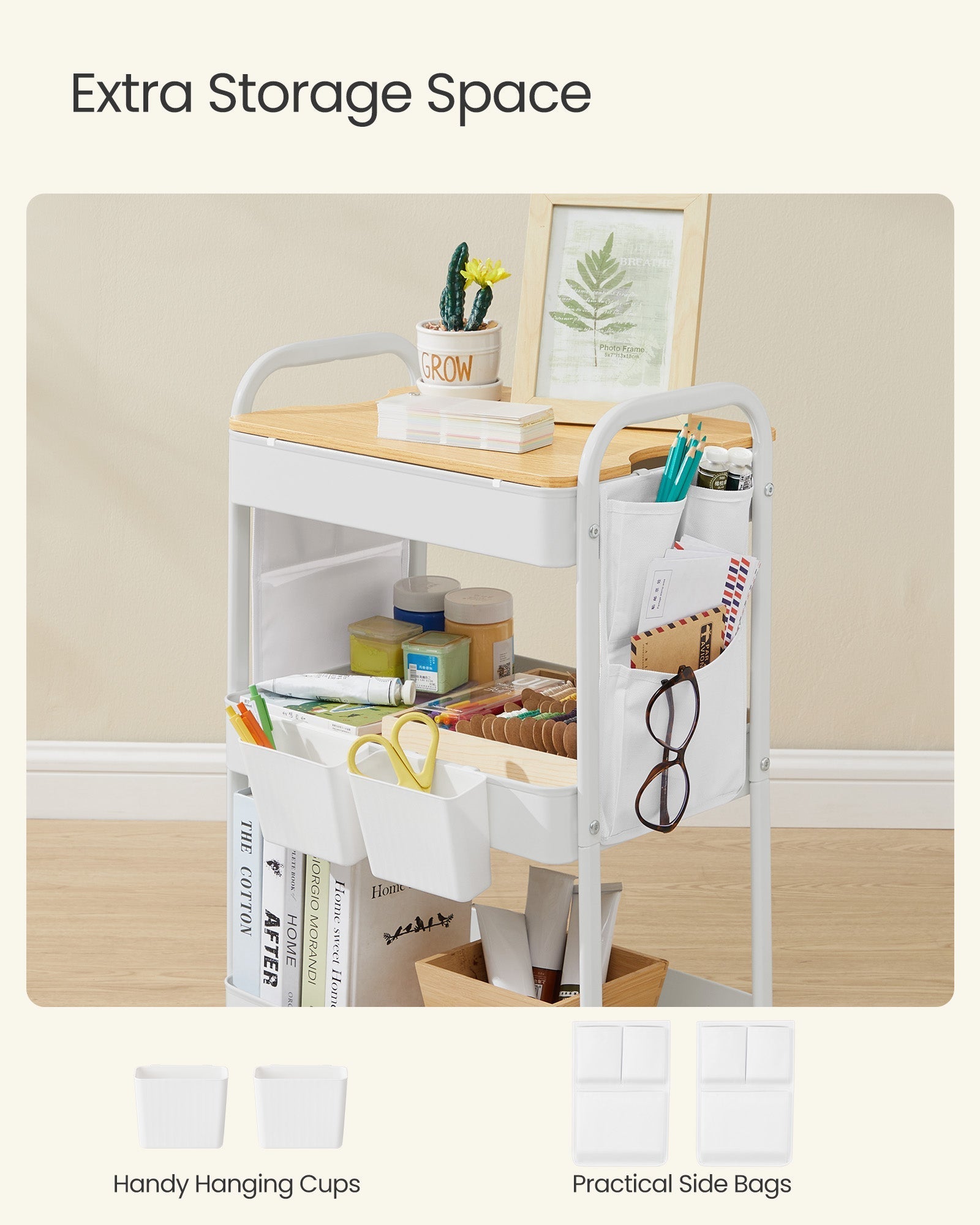 3-Tier Storage Trolley - Wood - Cloud White - Rolling Utility Cart with Table Top and Removable Hanging Cups