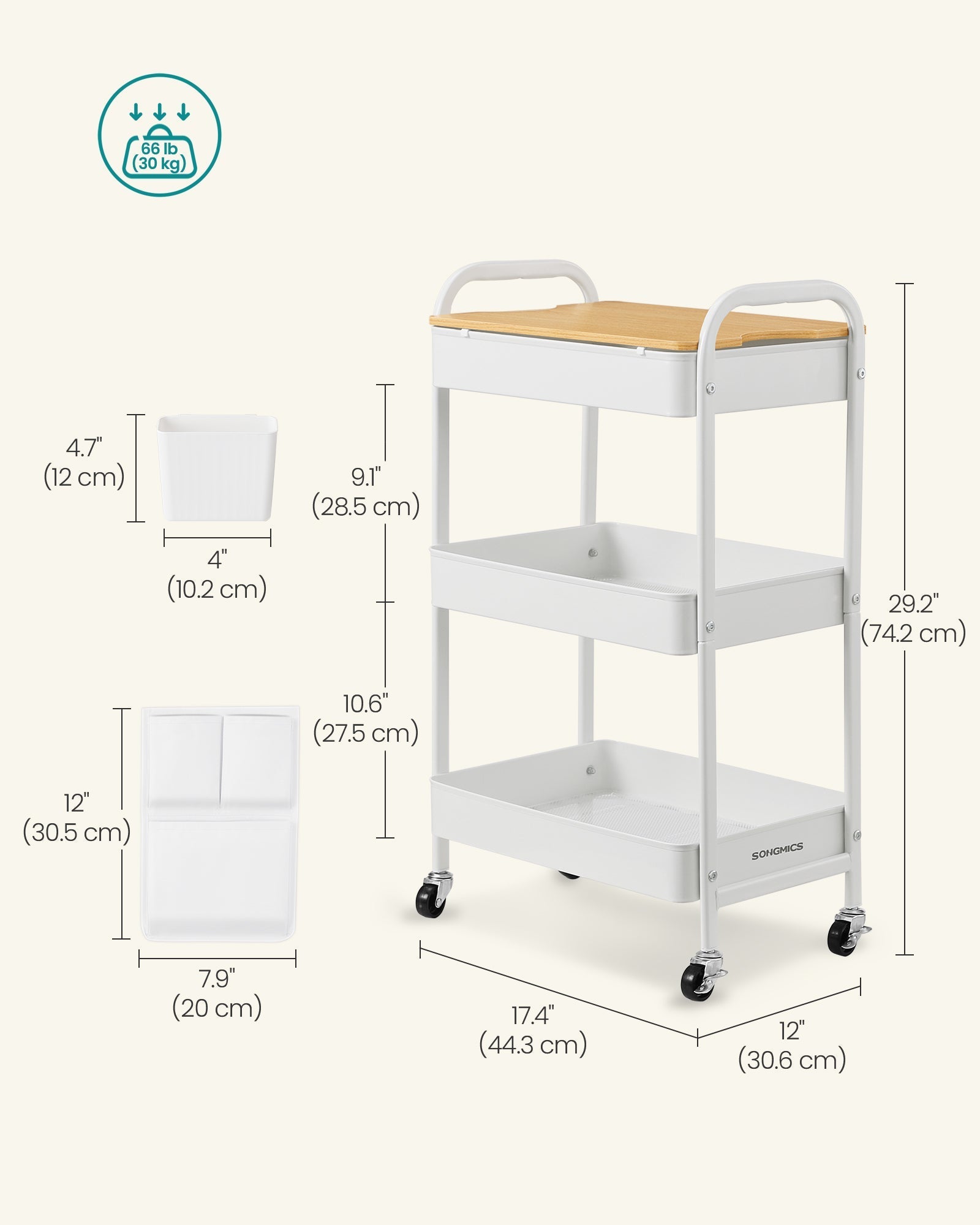 3-Tier Storage Trolley - Wood - Cloud White - Rolling Utility Cart with Table Top and Removable Hanging Cups