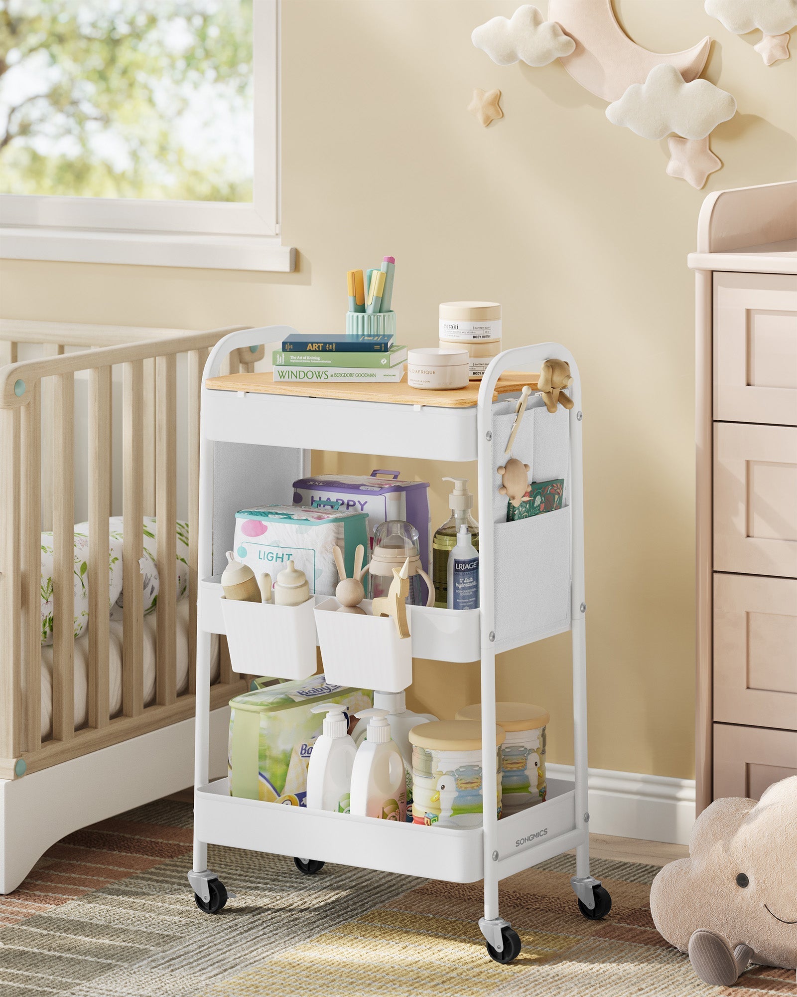 3-Tier Storage Trolley - Wood - Cloud White - Rolling Utility Cart with Table Top and Removable Hanging Cups