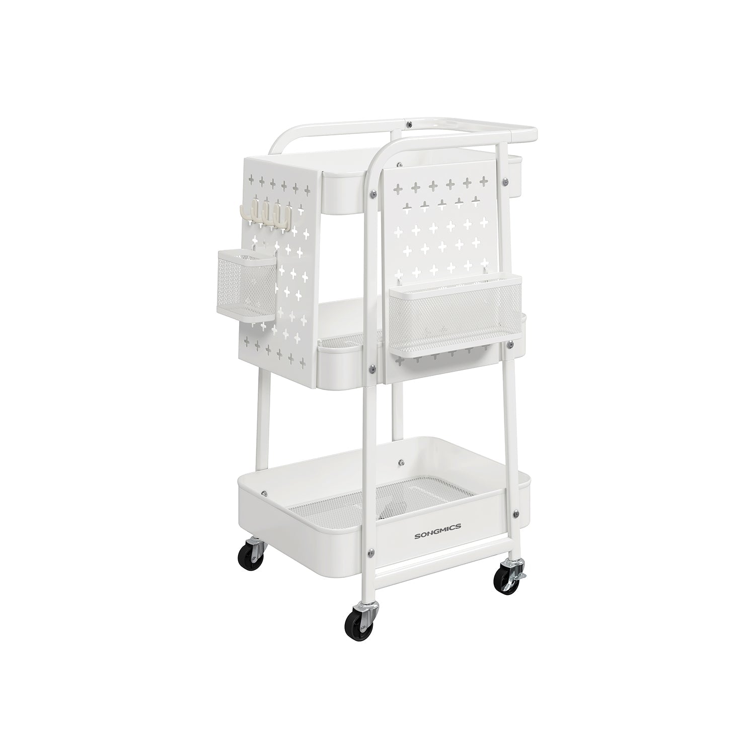 Storage Trolley - Metal Mesh - Cloud White - 3 Shelves with Removable Pegboards and Hooks