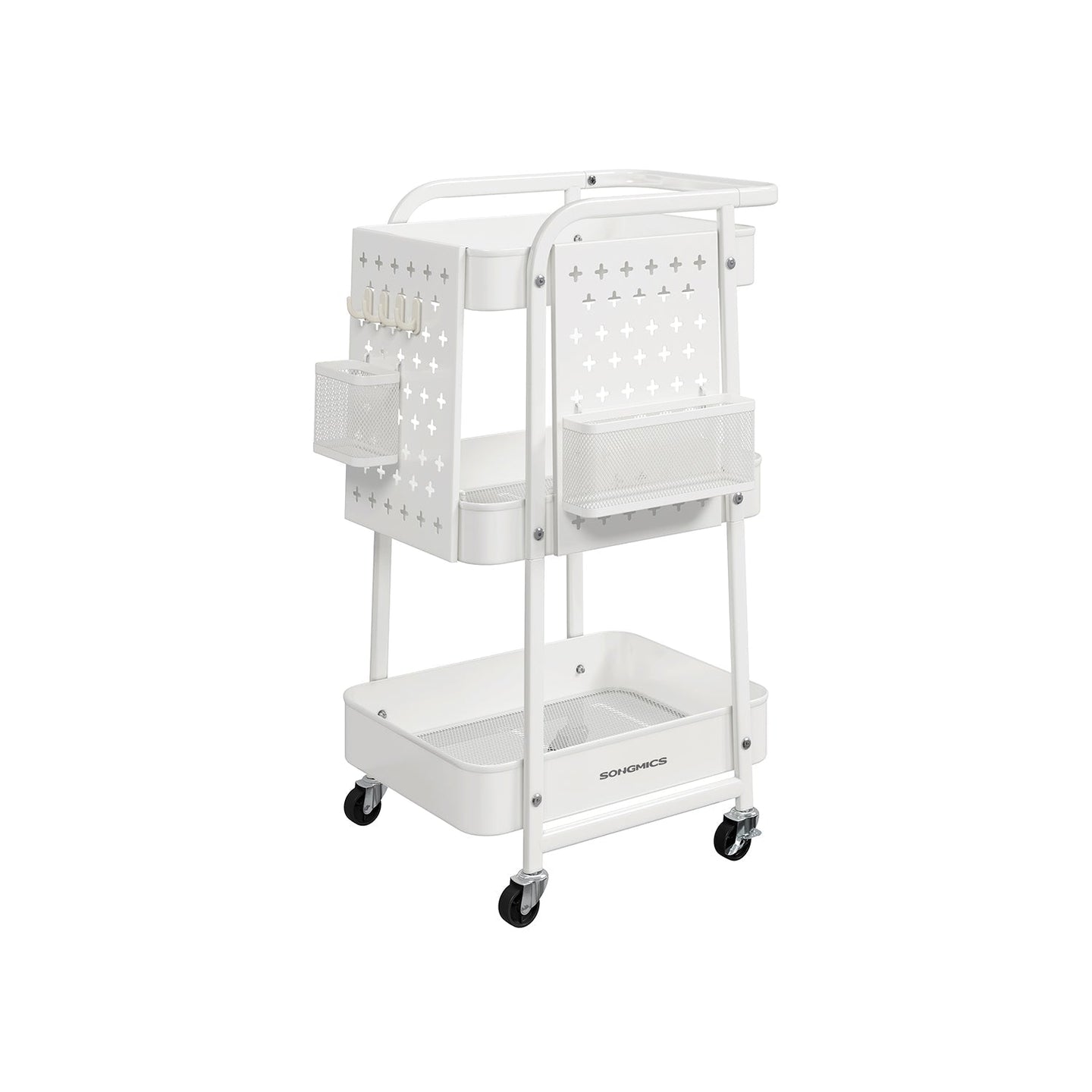 Storage Trolley - Metal Mesh - Cloud White - 3 Shelves with Removable Pegboards and Hooks
