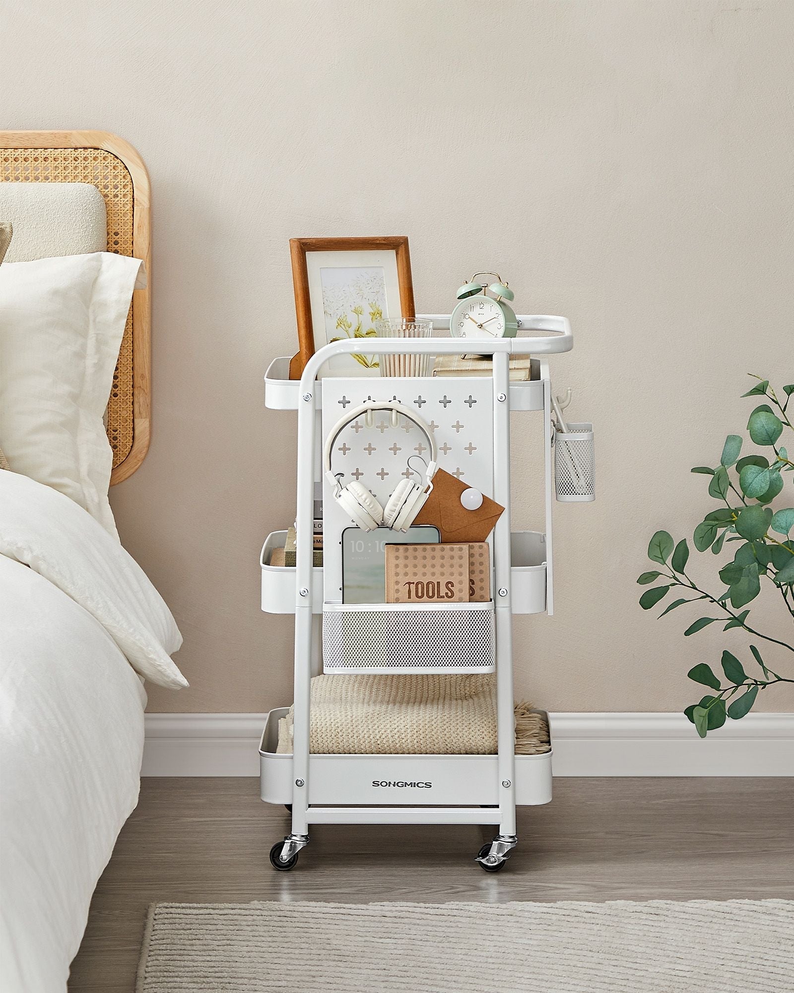 Storage Trolley - Metal Mesh - Cloud White - 3 Shelves with Removable Pegboards and Hooks