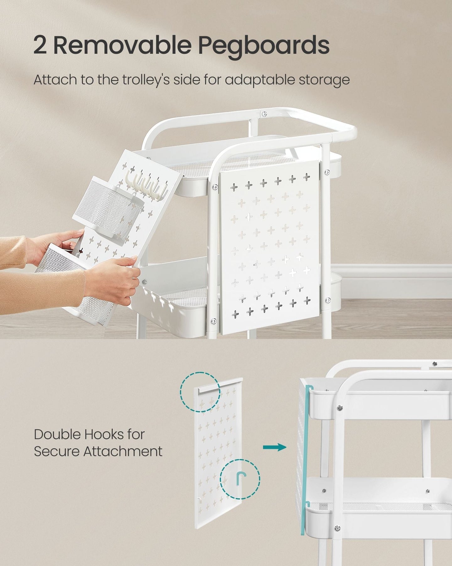 Storage Trolley - Metal Mesh - Cloud White - 3 Shelves with Removable Pegboards and Hooks