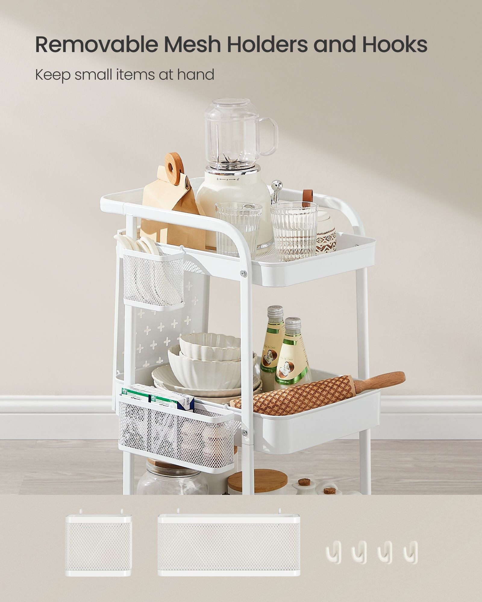 Storage Trolley - Metal Mesh - Cloud White - 3 Shelves with Removable Pegboards and Hooks