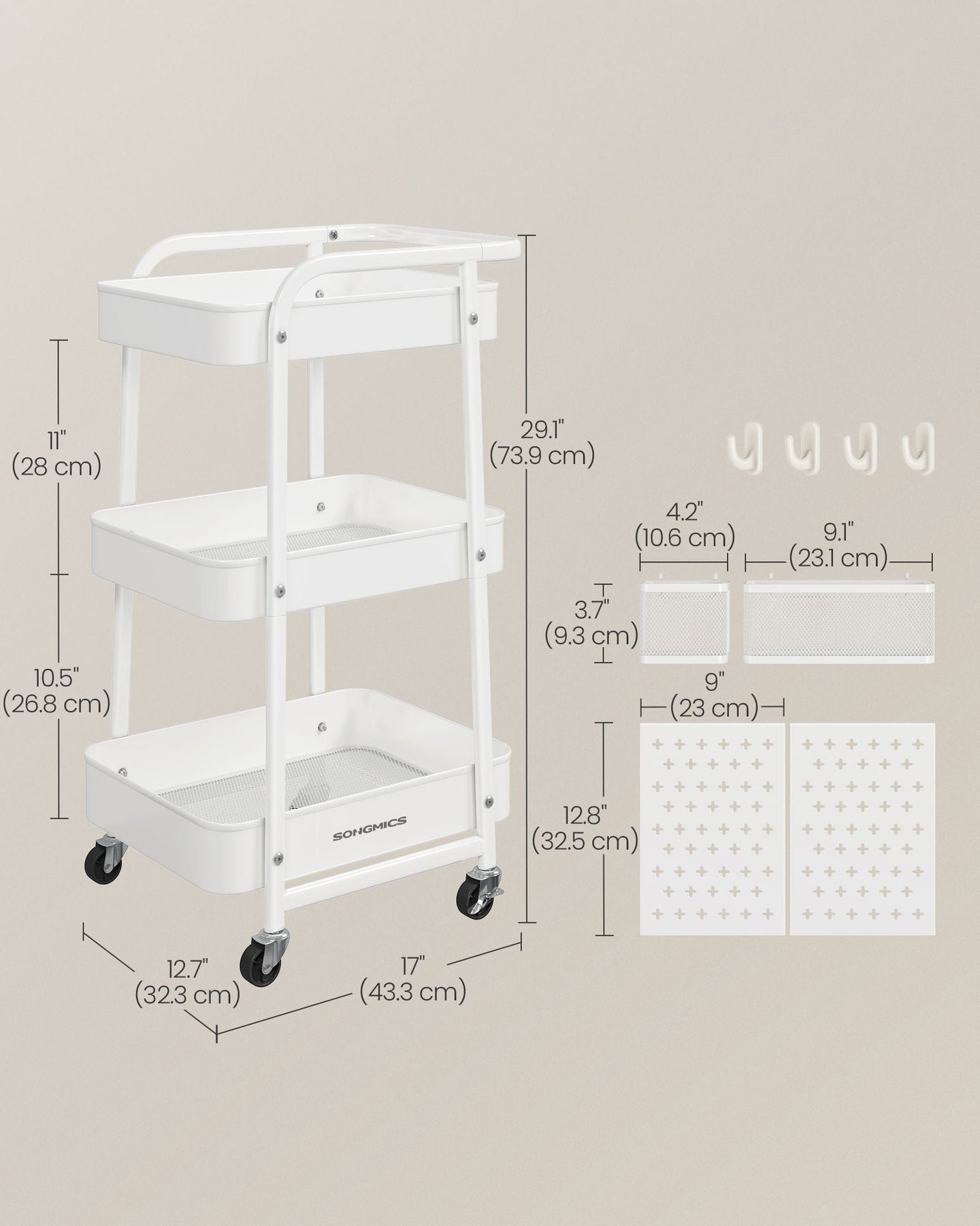 Storage Trolley - Metal Mesh - Cloud White - 3 Shelves with Removable Pegboards and Hooks