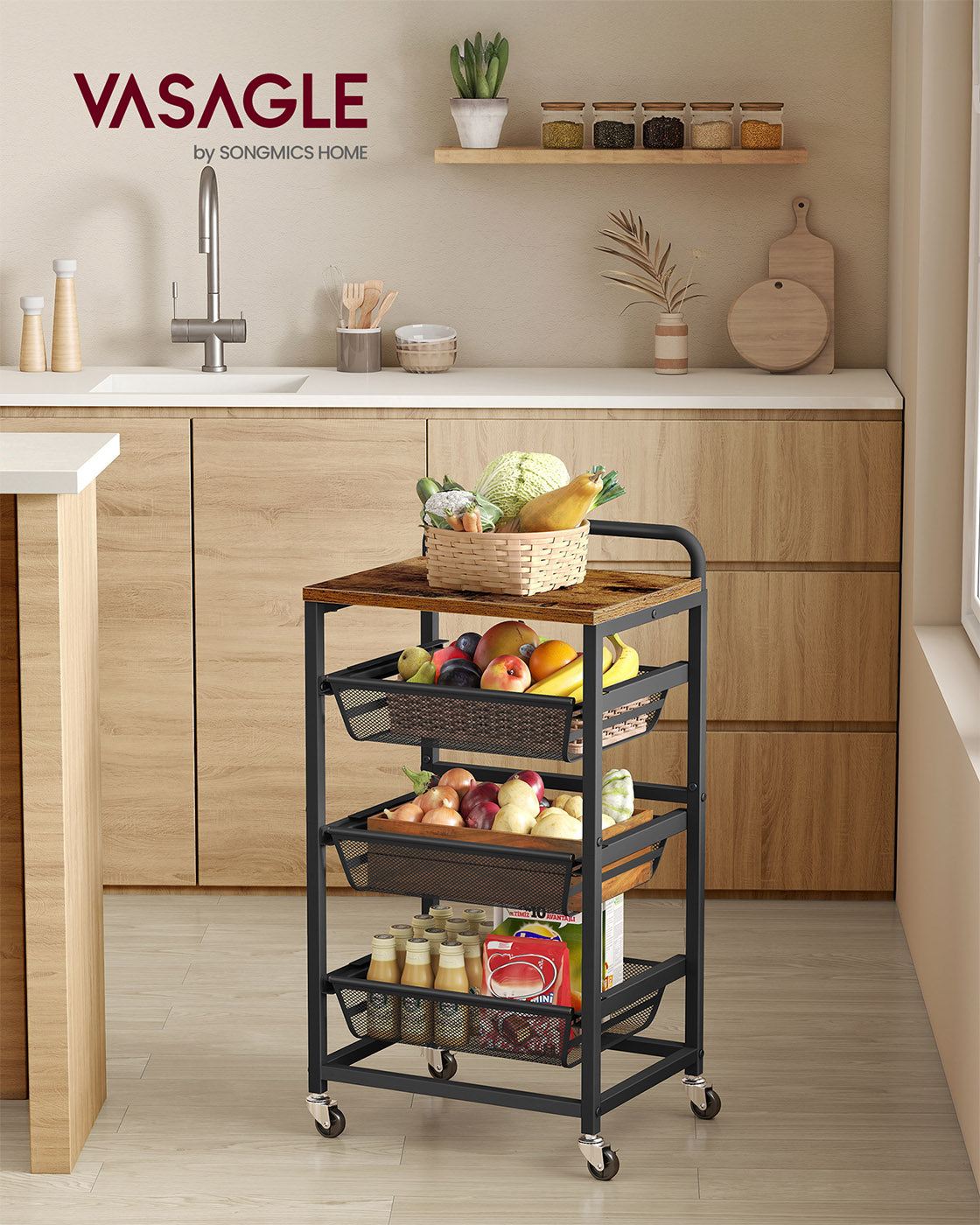 Storage Trolley - Metal - Rustic Brown - 4-Tier with Pull-Out Baskets and Wheels