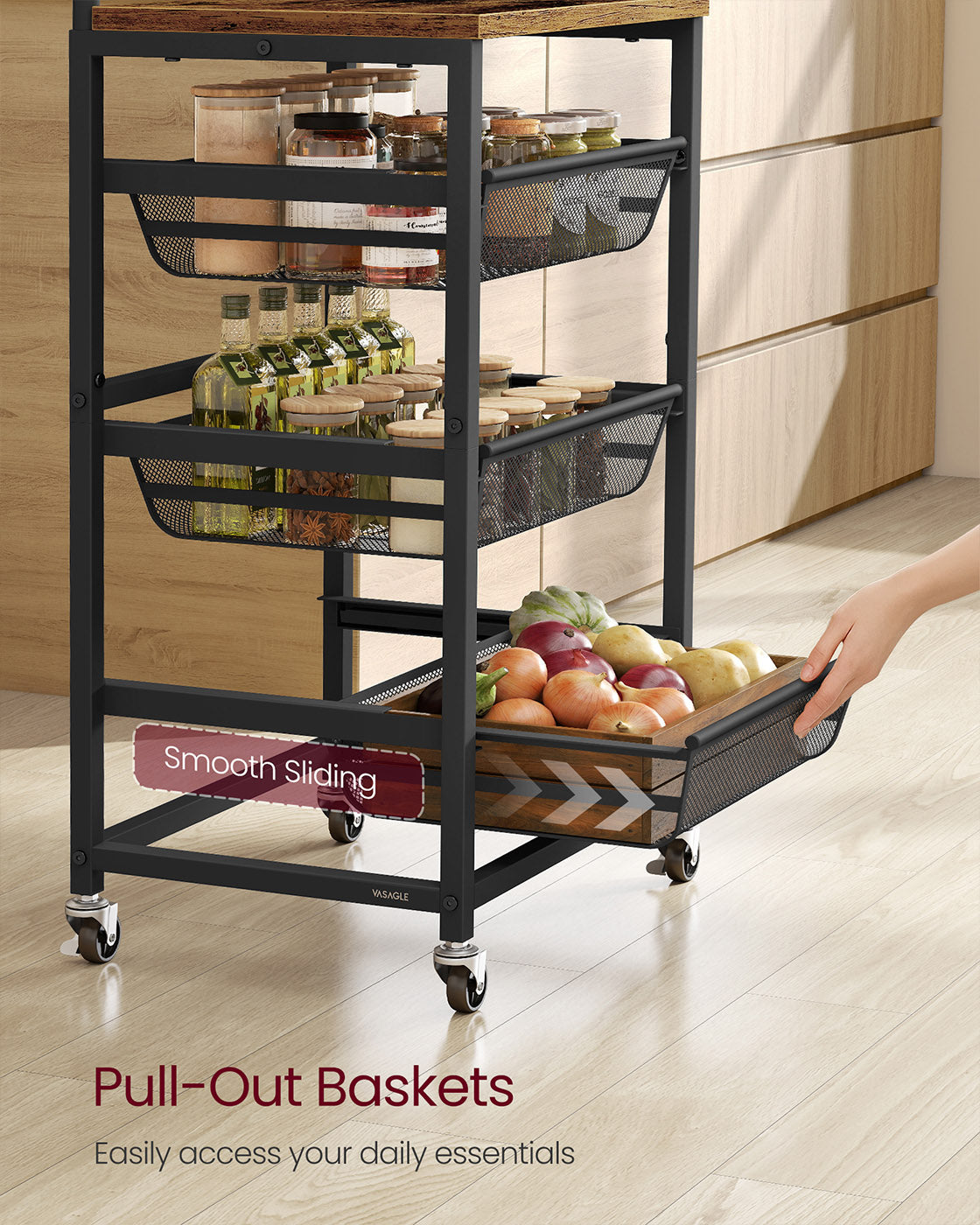 Storage Trolley - Metal - Rustic Brown - 4-Tier with Pull-Out Baskets and Wheels