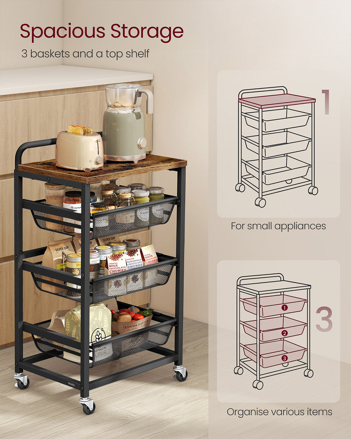 Storage Trolley - Metal - Rustic Brown - 4-Tier with Pull-Out Baskets and Wheels