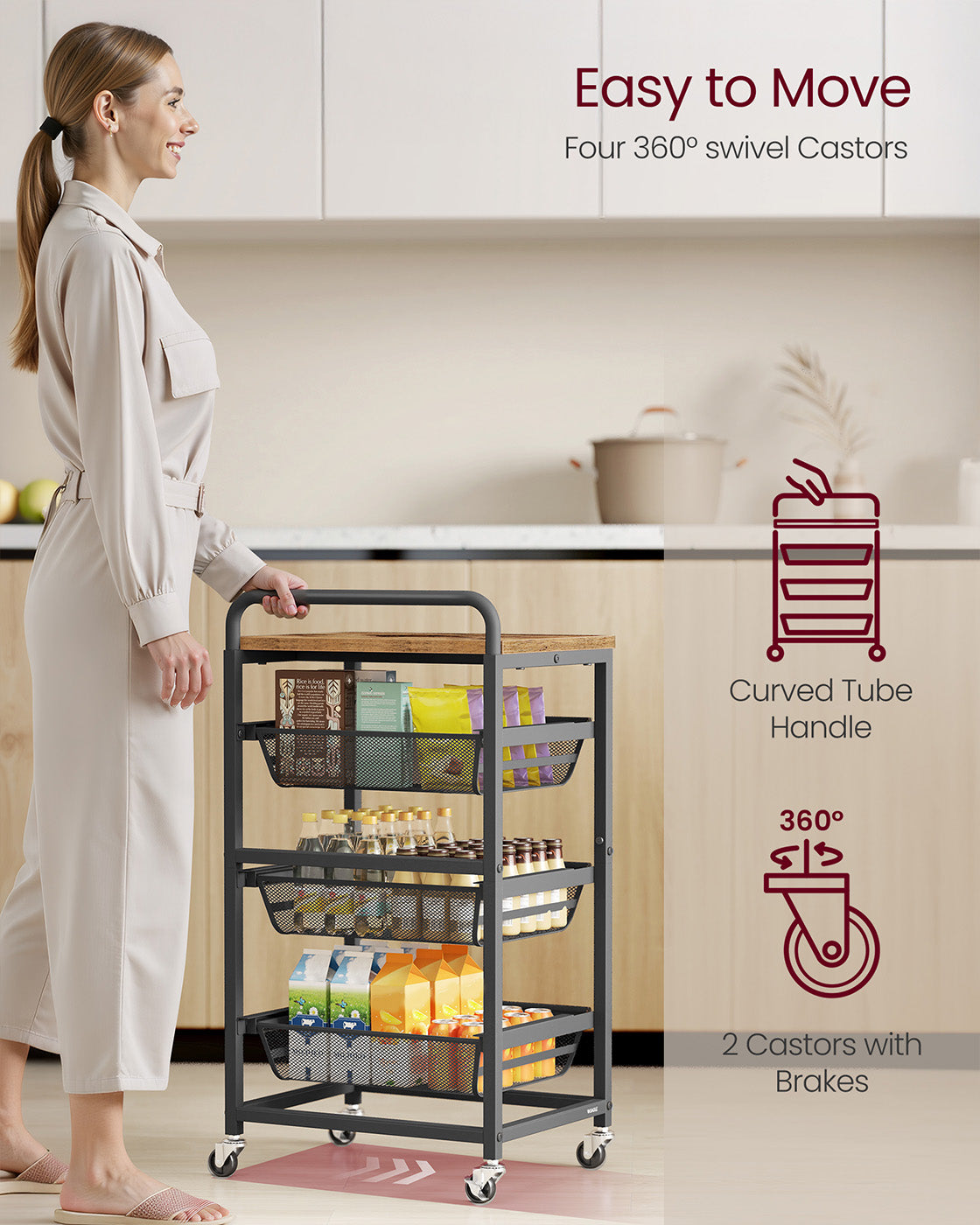 Storage Trolley - Metal - Rustic Brown - 4-Tier with Pull-Out Baskets and Wheels