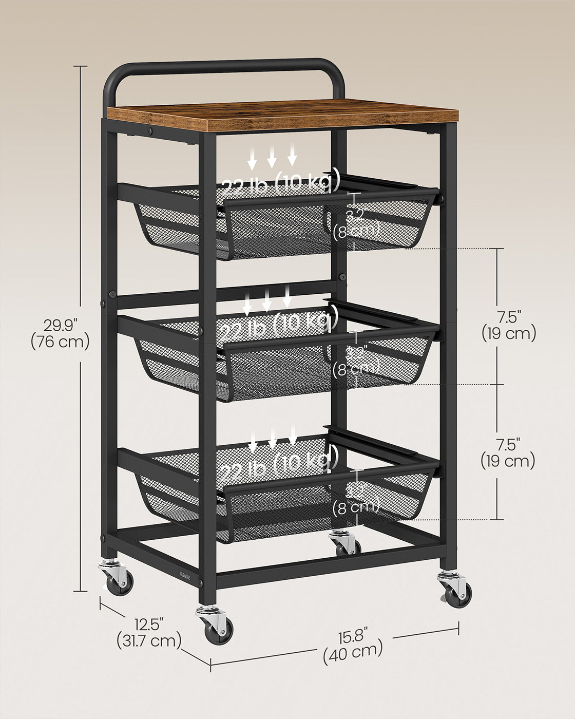 Storage Trolley - Metal - Rustic Brown - 4-Tier with Pull-Out Baskets and Wheels