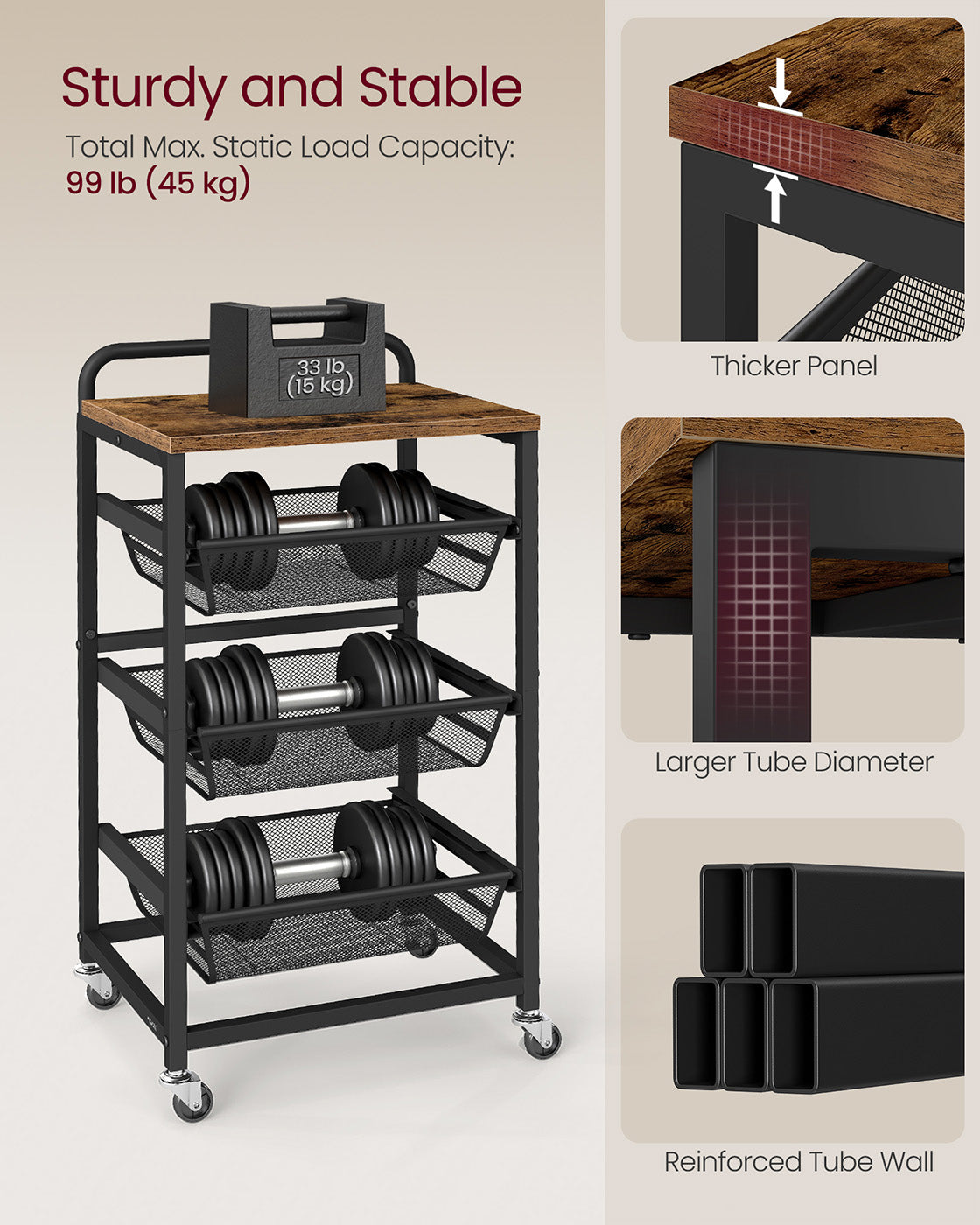 Storage Trolley - Metal - Rustic Brown - 4-Tier with Pull-Out Baskets and Wheels
