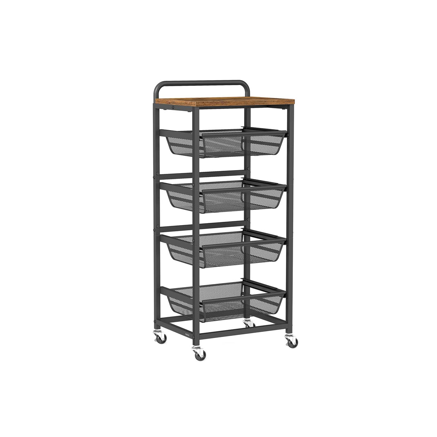 Storage Trolley - Metal - Rustic Brown - 4-Tier with Pull-Out Baskets and Wheels