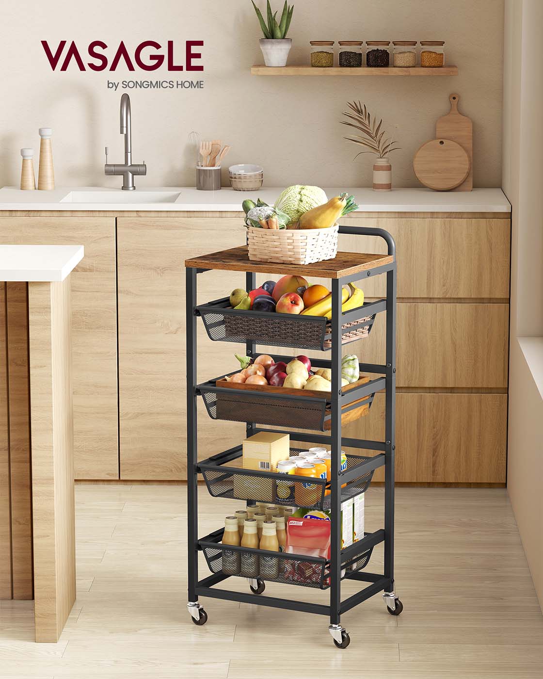 Storage Trolley - Metal - Rustic Brown - 4-Tier with Pull-Out Baskets and Wheels
