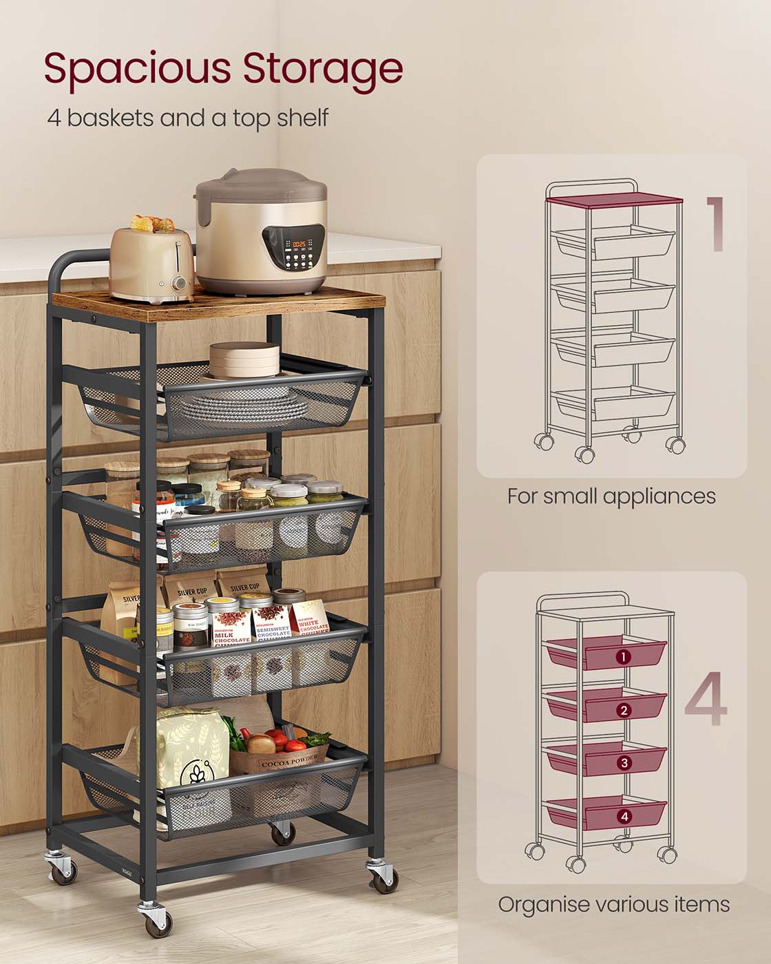 Storage Trolley - Metal - Rustic Brown - 4-Tier with Pull-Out Baskets and Wheels