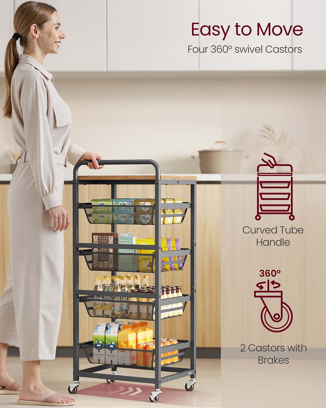 Storage Trolley - Metal - Rustic Brown - 4-Tier with Pull-Out Baskets and Wheels