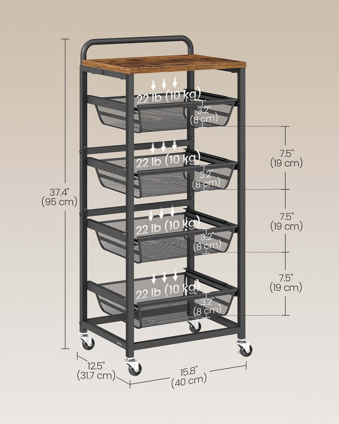 Storage Trolley - Metal - Rustic Brown - 4-Tier with Pull-Out Baskets and Wheels