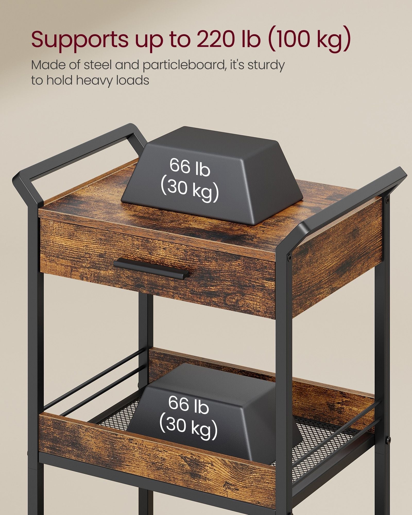 Rolling Storage Trolley - Metal - Rustic Brown - 4-Tier with Table Top and Lockable Castors