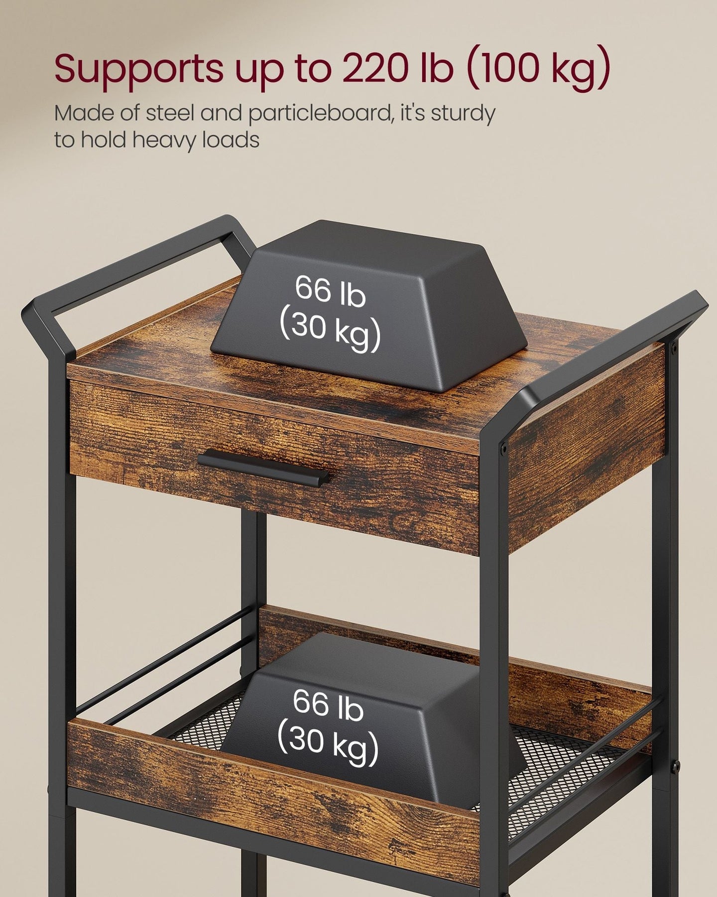 Rolling Storage Trolley - Metal - Rustic Brown - 4-Tier with Table Top and Lockable Castors