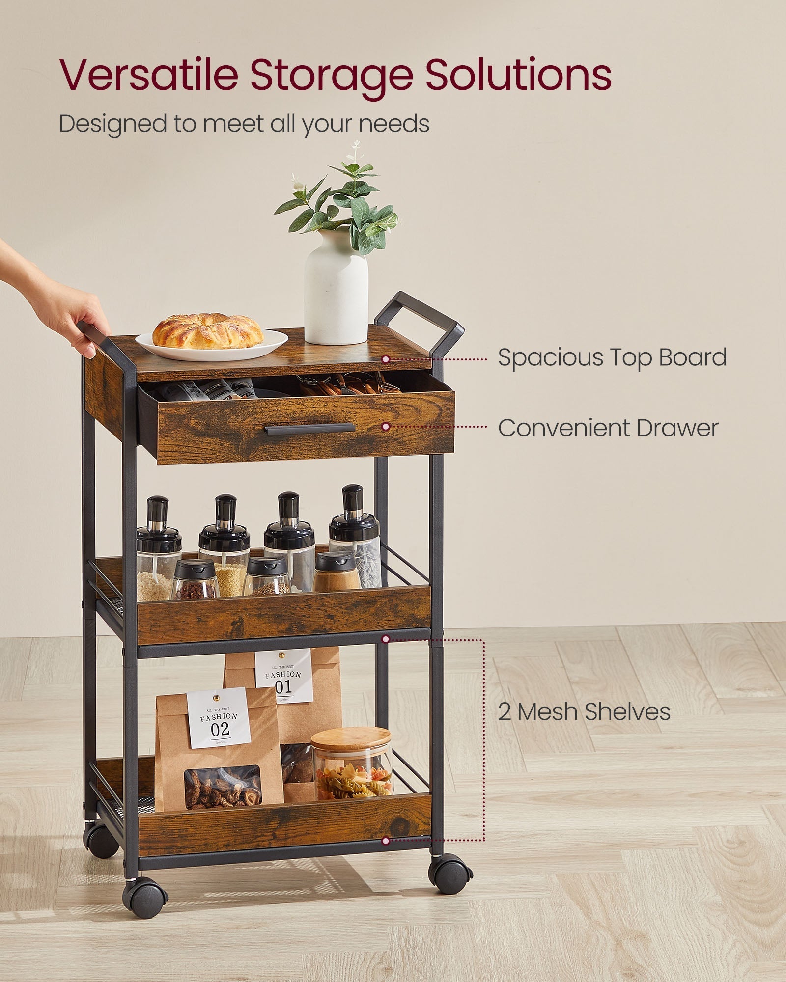 Rolling Storage Trolley - Metal - Rustic Brown - 4-Tier with Table Top and Lockable Castors