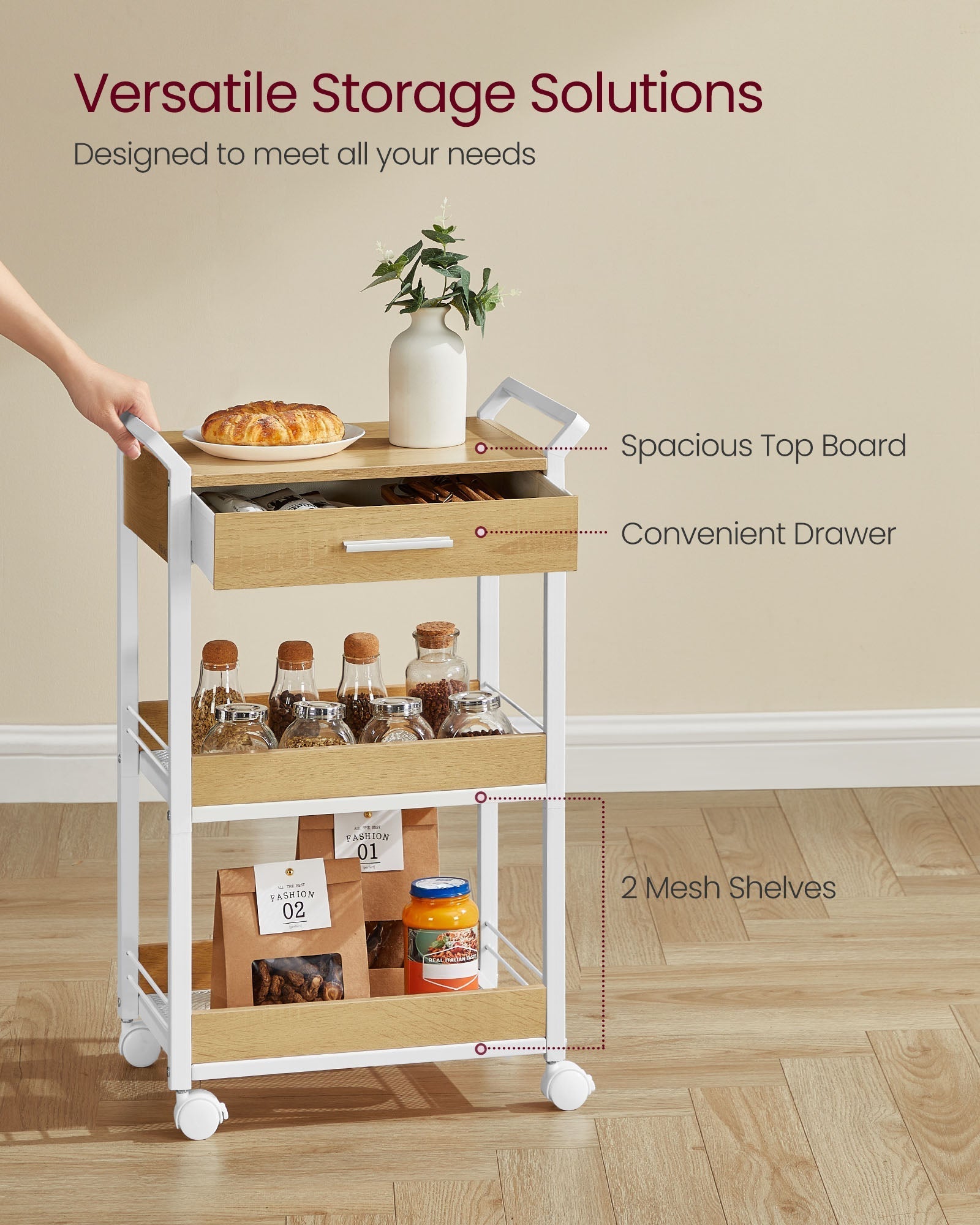 Rolling Storage Trolley - Golden Oak - Wooden