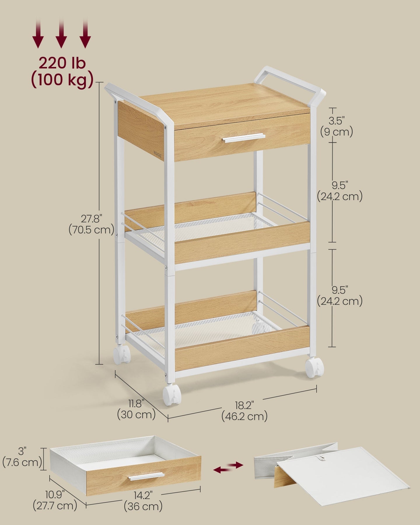 Rolling Storage Trolley - Golden Oak - Wooden