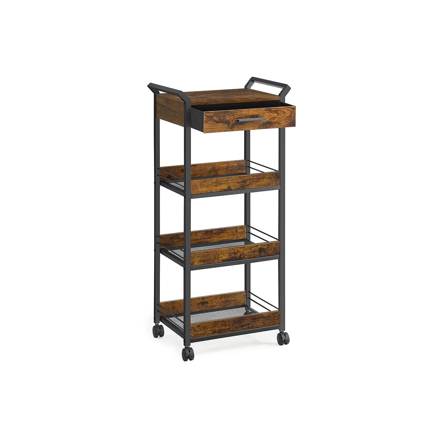 4-Tier Rolling Storage Trolley - Wood - Rustic Brown - Lockable Castors and Top Drawer