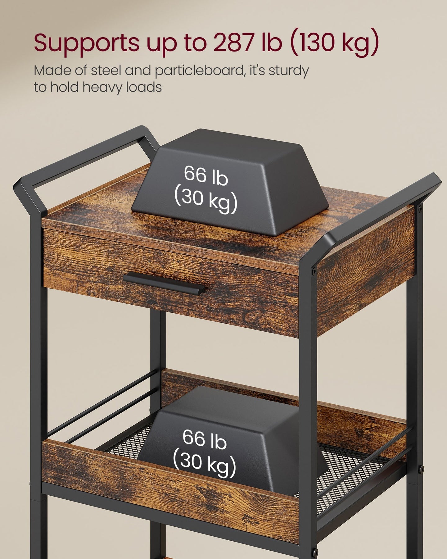 4-Tier Rolling Storage Trolley - Wood - Rustic Brown - Lockable Castors and Top Drawer