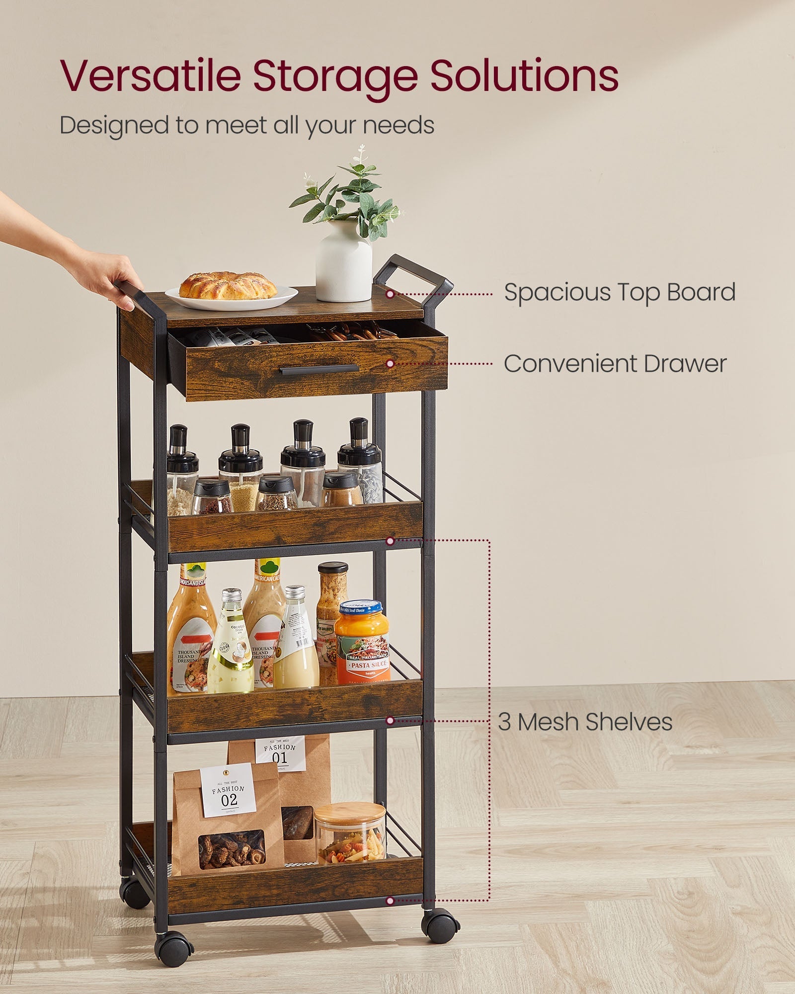 4-Tier Rolling Storage Trolley - Wood - Rustic Brown - Lockable Castors and Top Drawer