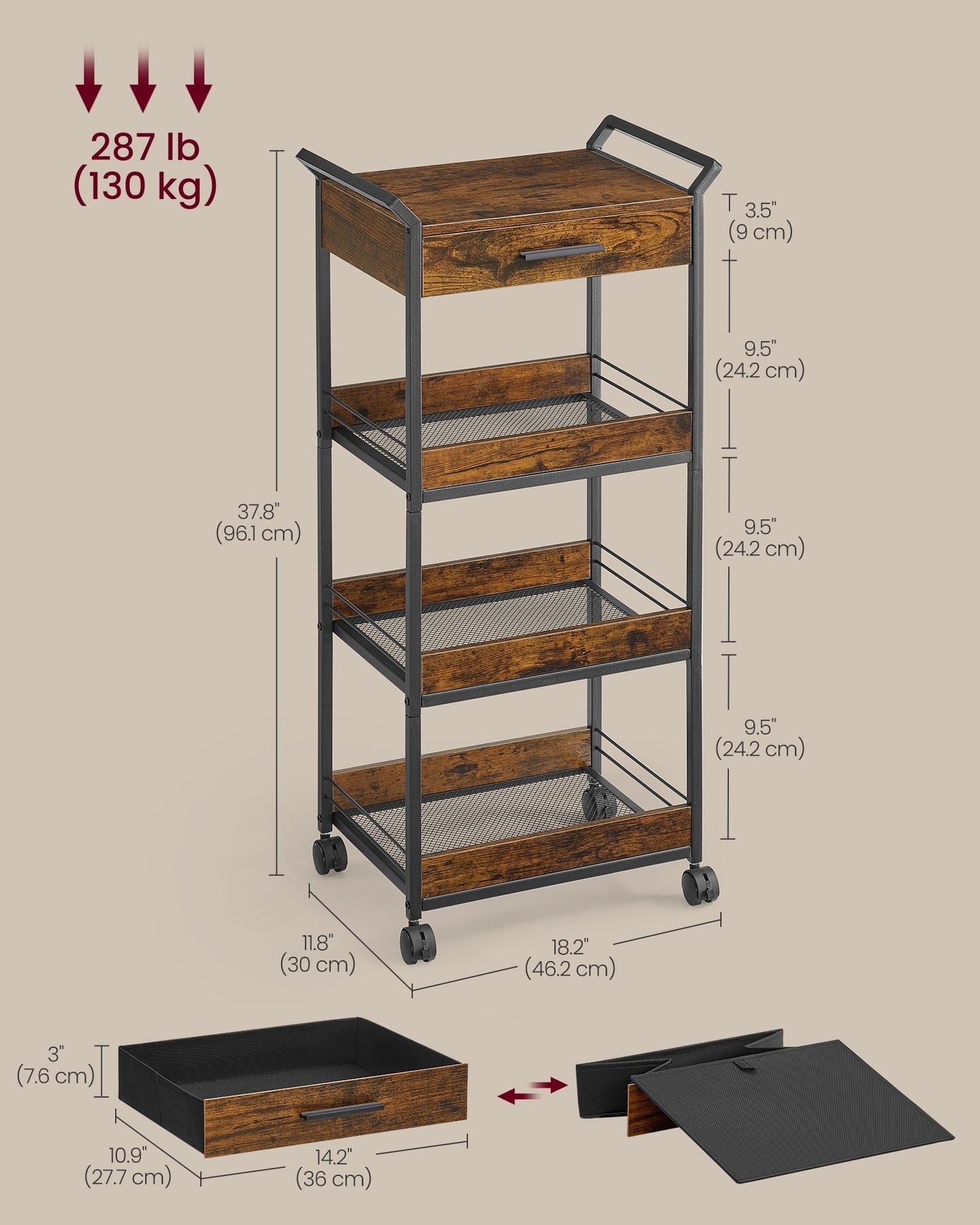 4-Tier Rolling Storage Trolley - Wood - Rustic Brown - Lockable Castors and Top Drawer