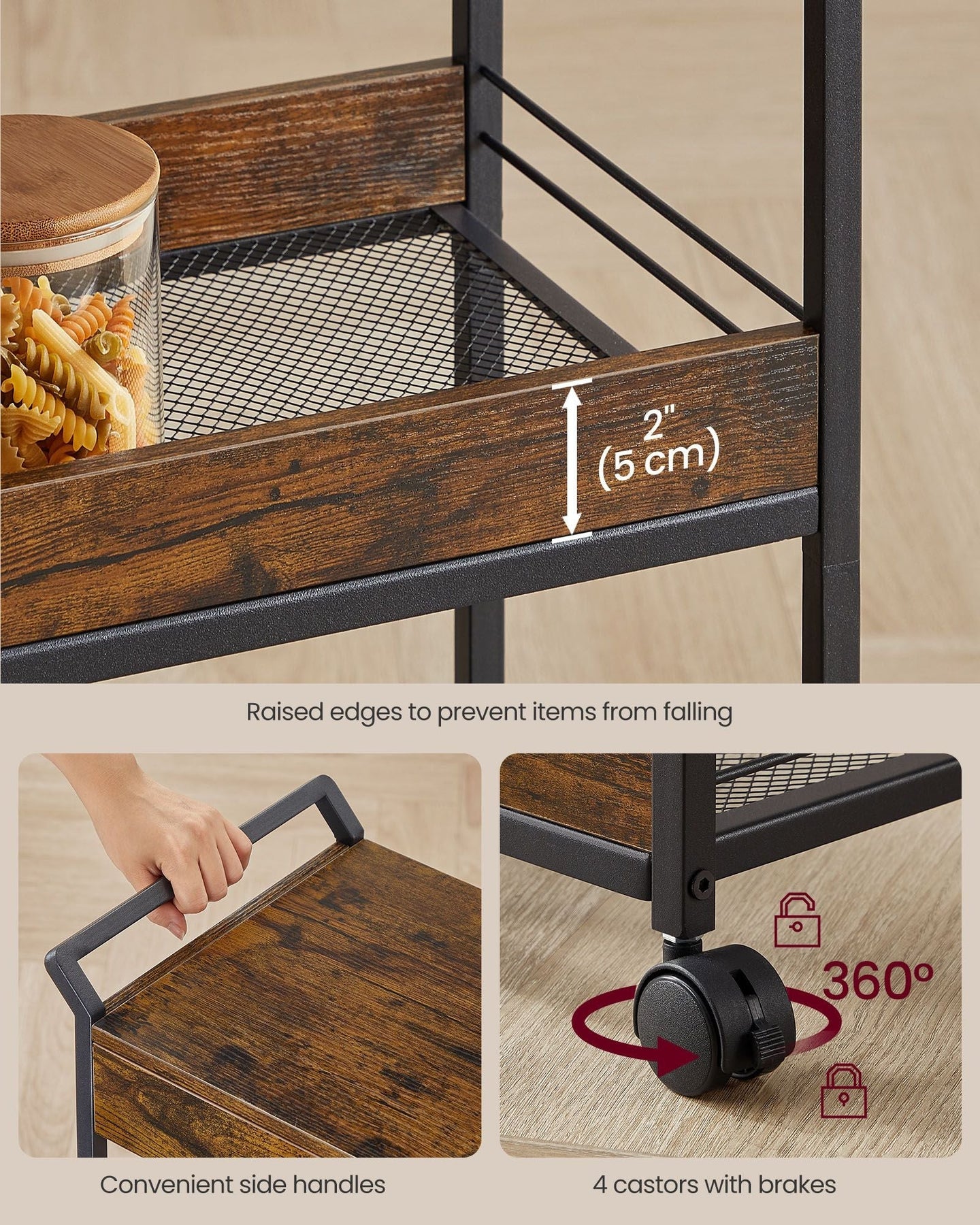 4-Tier Rolling Storage Trolley - Wood - Rustic Brown - Lockable Castors and Top Drawer
