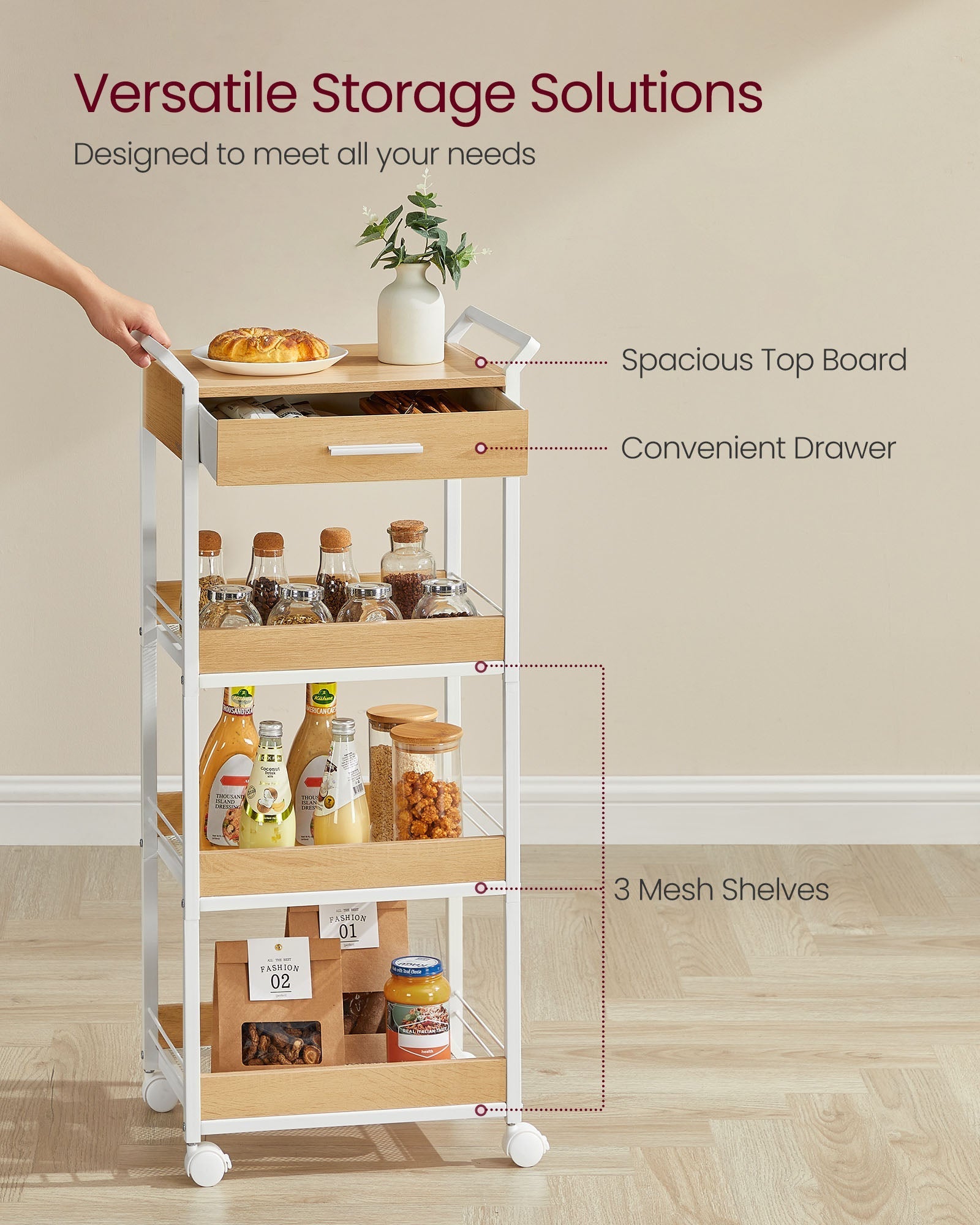 4-Tier Rolling Storage Trolley - Wood - Golden Oak - Includes Top Drawer and Lockable Castors