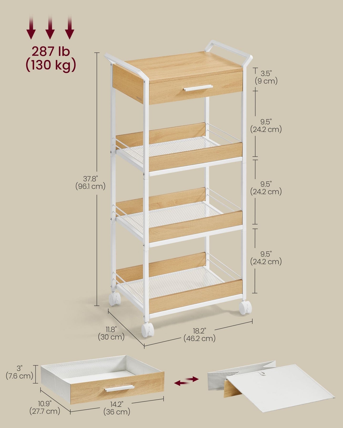 4-Tier Rolling Storage Trolley - Wood - Golden Oak - Includes Top Drawer and Lockable Castors