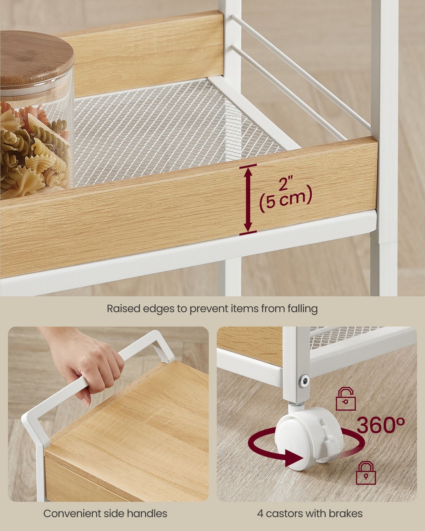4-Tier Rolling Storage Trolley - Wood - Golden Oak - Includes Top Drawer and Lockable Castors