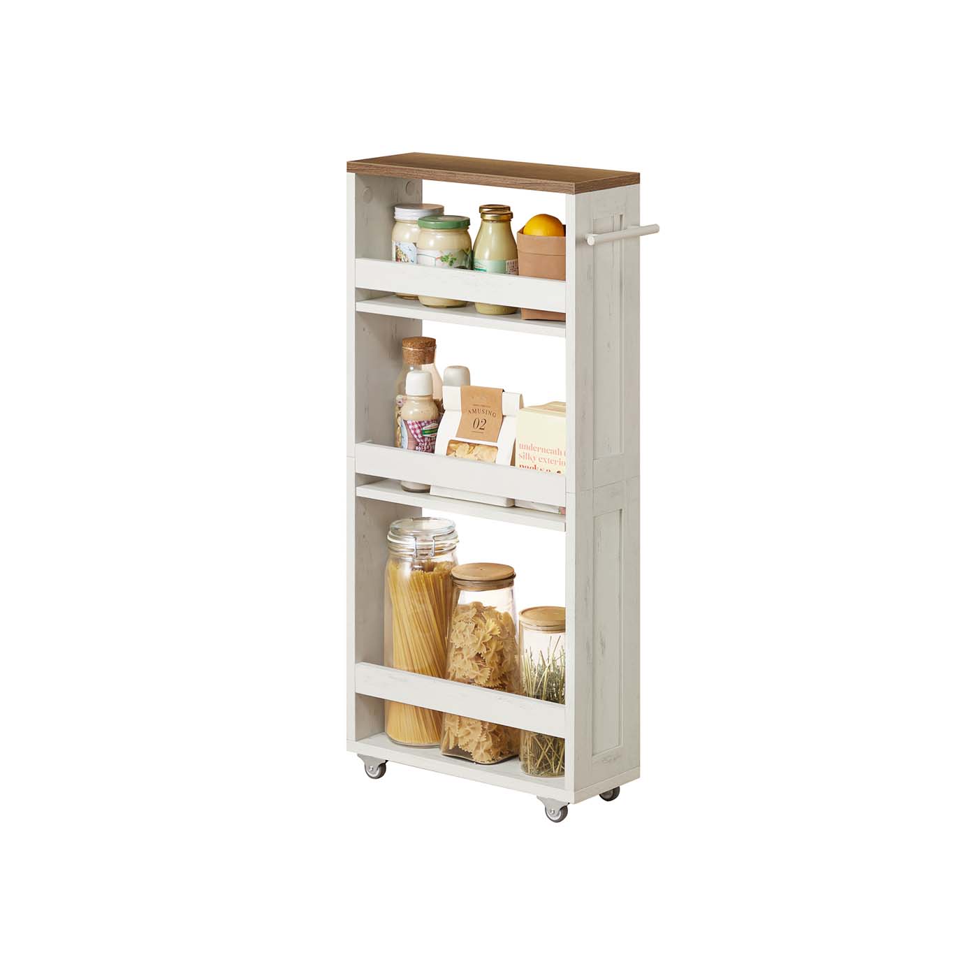 4-Tier Slim Kitchen Storage Trolley - Wood - Rustic White - Mobile with Handle