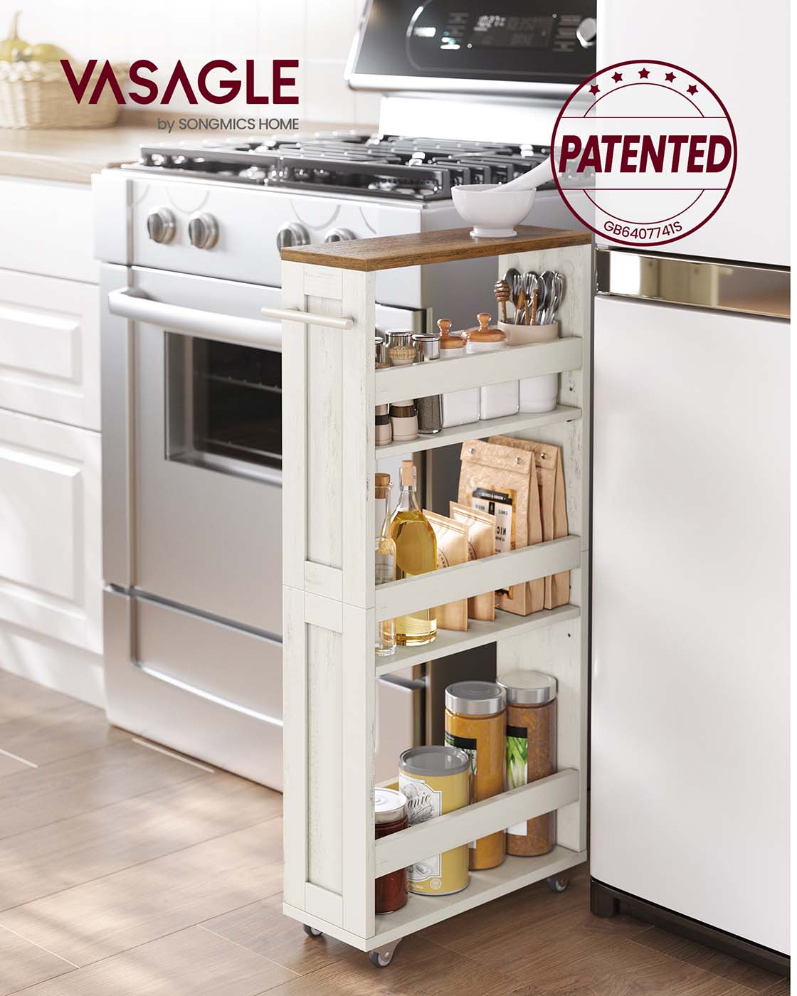 4-Tier Slim Kitchen Storage Trolley - Wood - Rustic White - Mobile with Handle