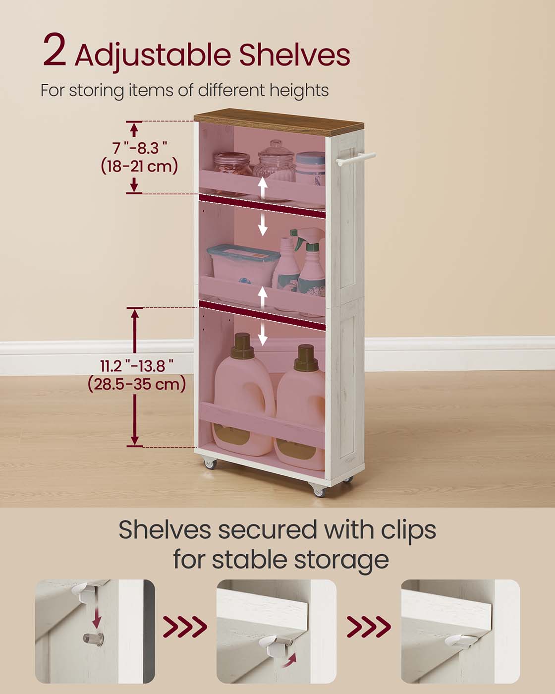 4-Tier Slim Kitchen Storage Trolley - Wood - Rustic White - Mobile with Handle