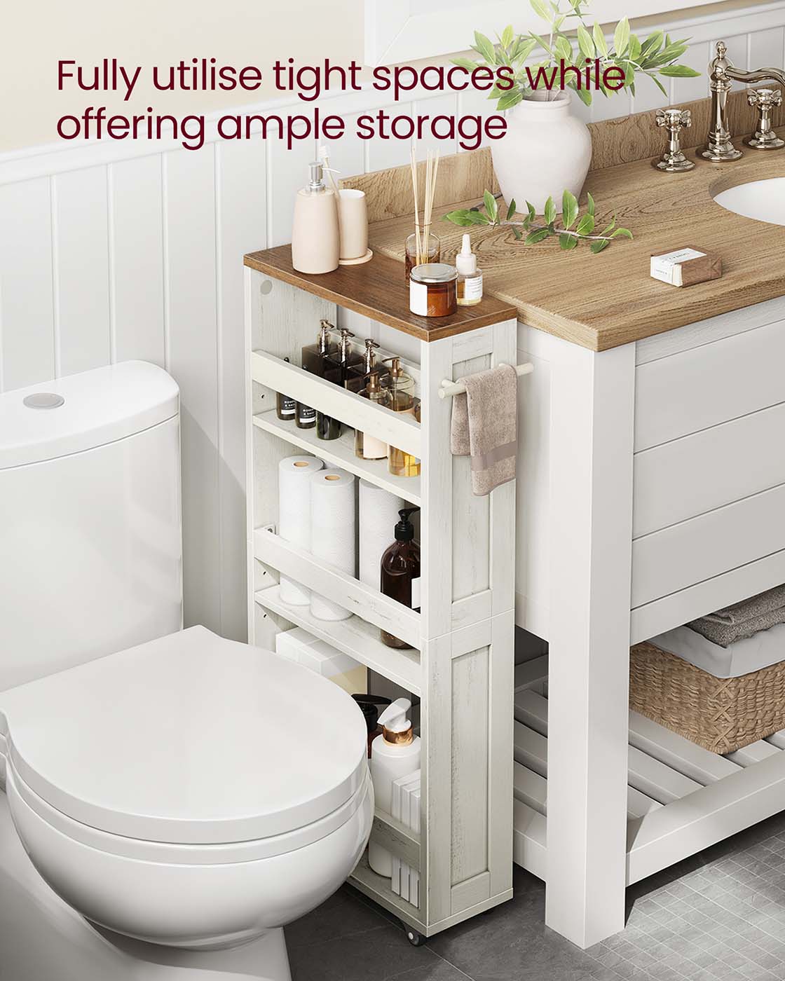 4-Tier Slim Kitchen Storage Trolley - Wood - Rustic White - Mobile with Handle