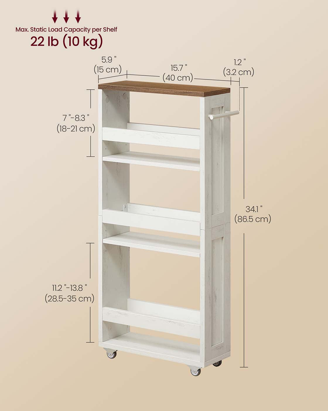 4-Tier Slim Kitchen Storage Trolley - Wood - Rustic White - Mobile with Handle