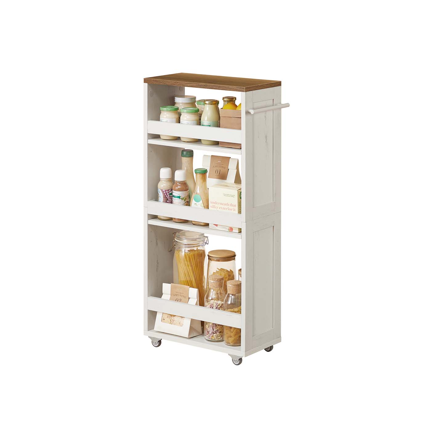 4-Tier Slim Kitchen Storage Trolley - Wood - Rustic White