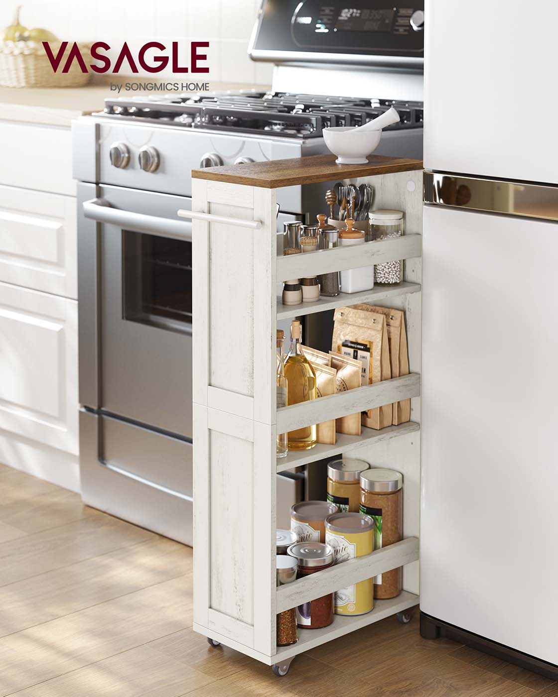 4-Tier Slim Kitchen Storage Trolley - Wood - Rustic White